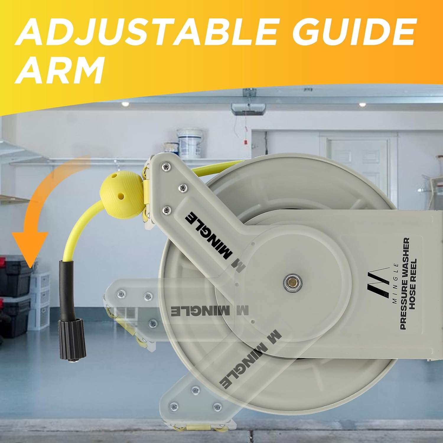 M MINGLE Retractable Pressure Washer Hose Reel, 1-4 × 60ft Heavy Duty Professional Hose Reel, Auto Rewind Power Washer Hose Reel, Wall-Floor Mounted, 3600 PSI - 3