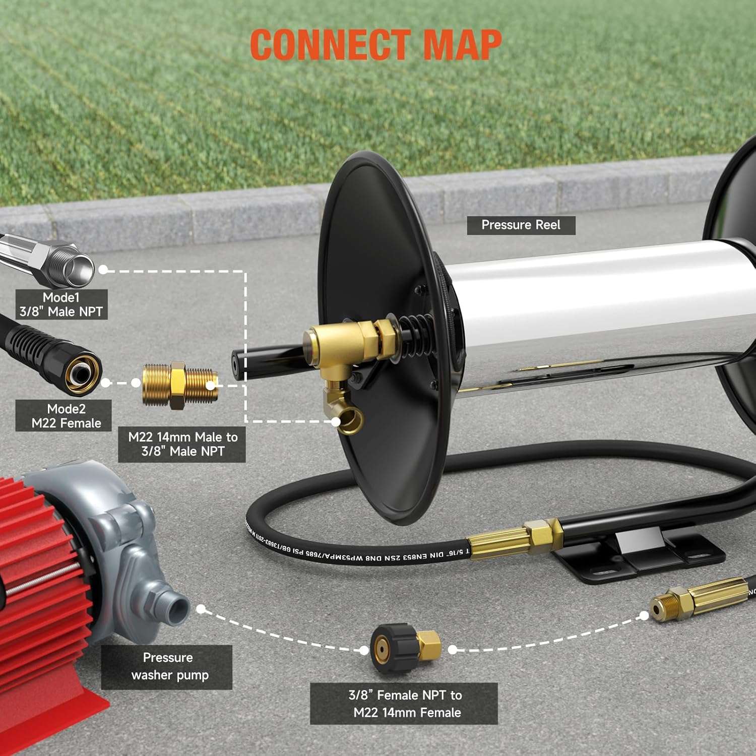 Pressure Washer Hose Reel, 100FT High Pressure Hose Reel with Hand Crank, 3-8 Heavy Duty Steel Pressure Washer Reel, 4000 PSI Power Washer Hose Reel Swivel Arm for Air-Liquid-Water Use - 4