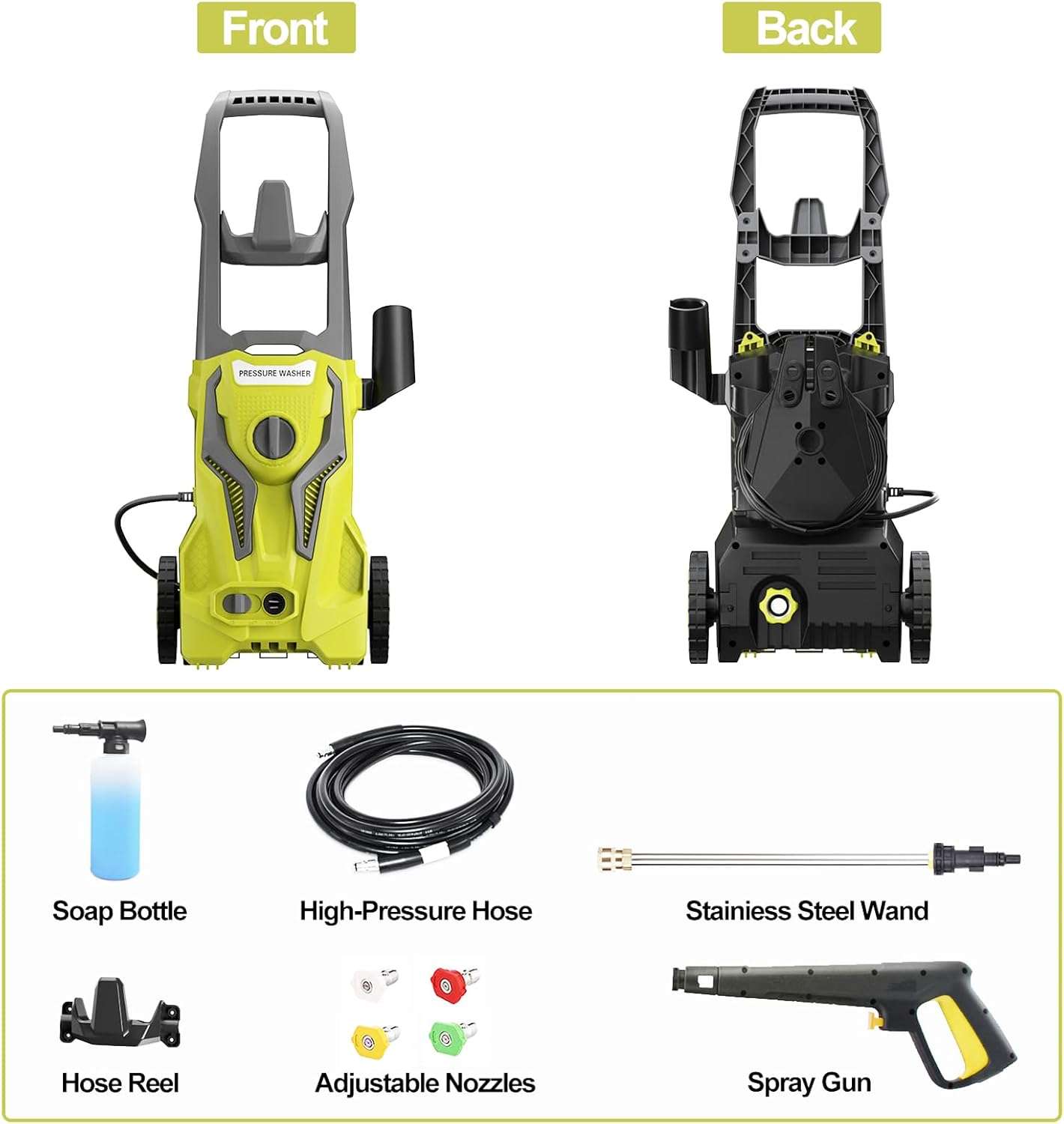 Power Washers Electric Powered 5000PSI-max 3.2GPM High Pressure Washer Car Cleaning Machine with Adjustable Spray Nozzle and Foam Cannon for Home Driveway Patio Deck, Light Yellow - 3