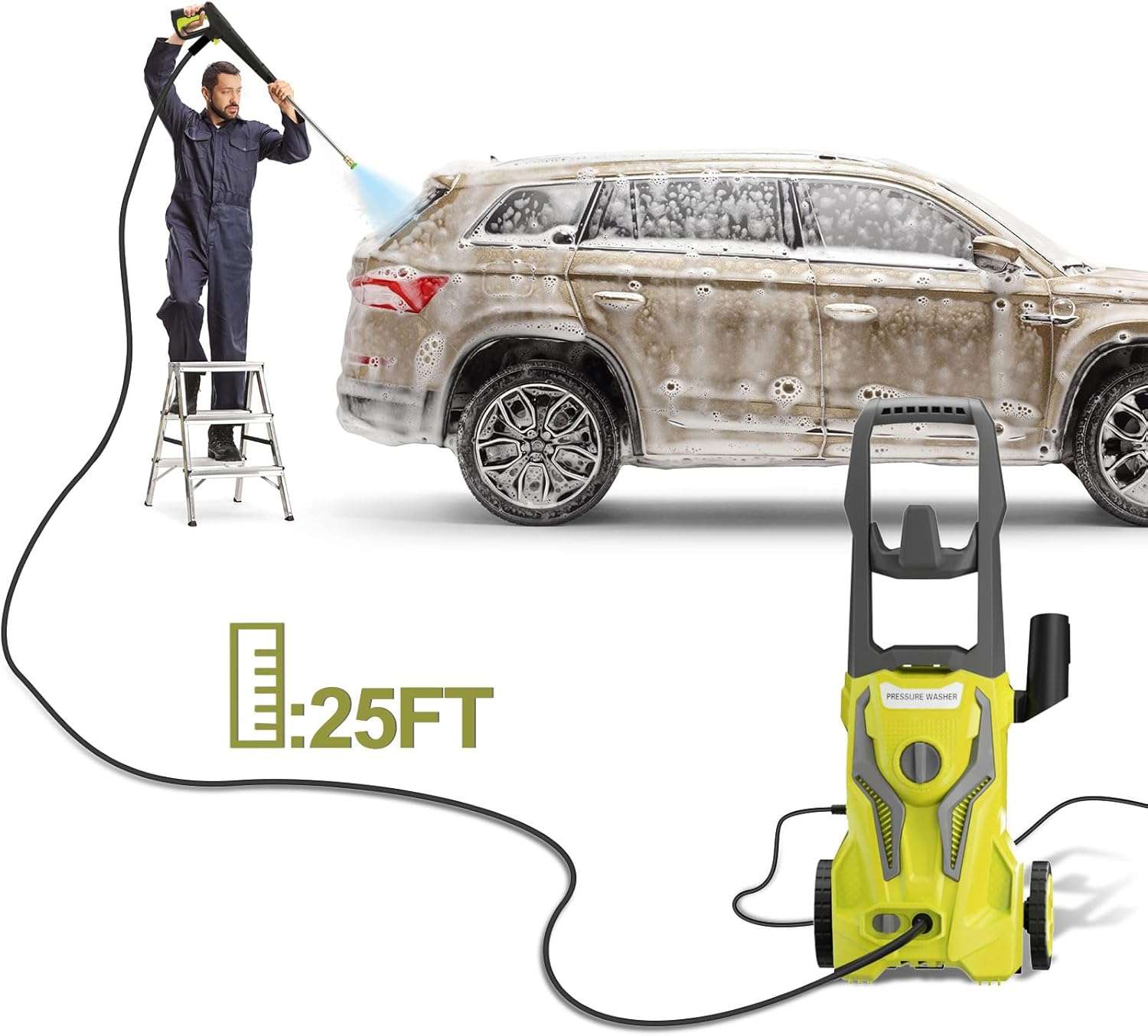 Power Washers Electric Powered 5000PSI-max 3.2GPM High Pressure Washer Car Cleaning Machine with Adjustable Spray Nozzle and Foam Cannon for Home Driveway Patio Deck, Light Yellow - 4