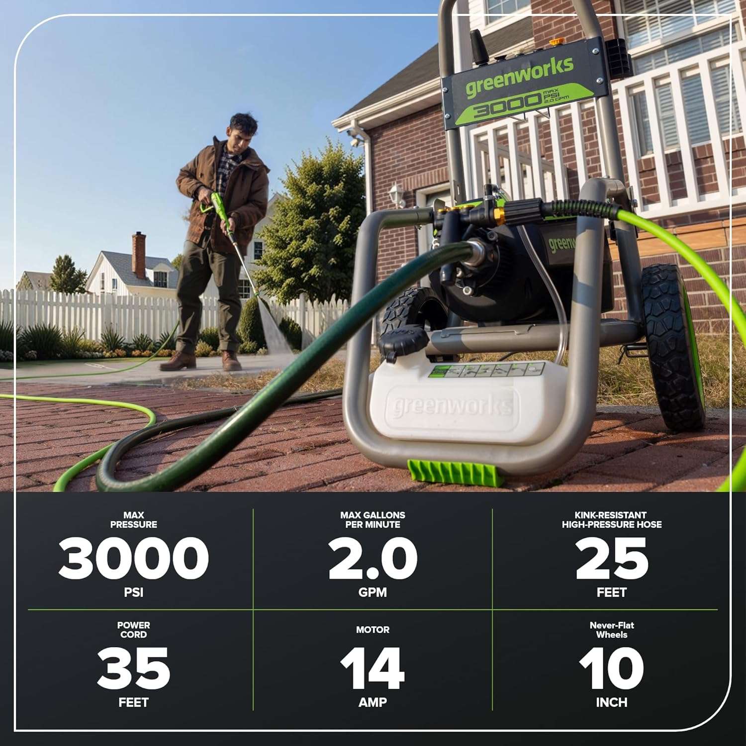 Greenworks Pro Brushless 3000 PSI (CSA Certified) 2.0 GPM Max - 1.1 GPM Electric Pressure Washer (Foldable Handles, Rugged Steel Frame, 25 FT Hose, 35 FT GFCI Power Cord) - 3