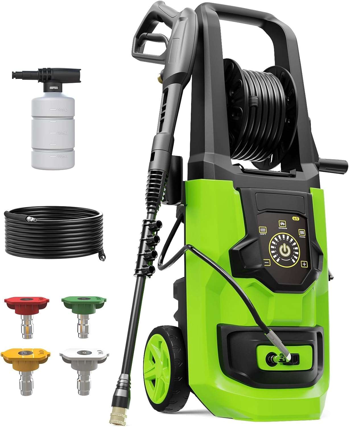 Pressure Washer, 5000PSI 3.2GPM Adjustable Touch Screen with 55FT Total Length Power Washer Electric Powered 4 Nozzles for Driveways Furniture or Cars 2000W, Green - 1