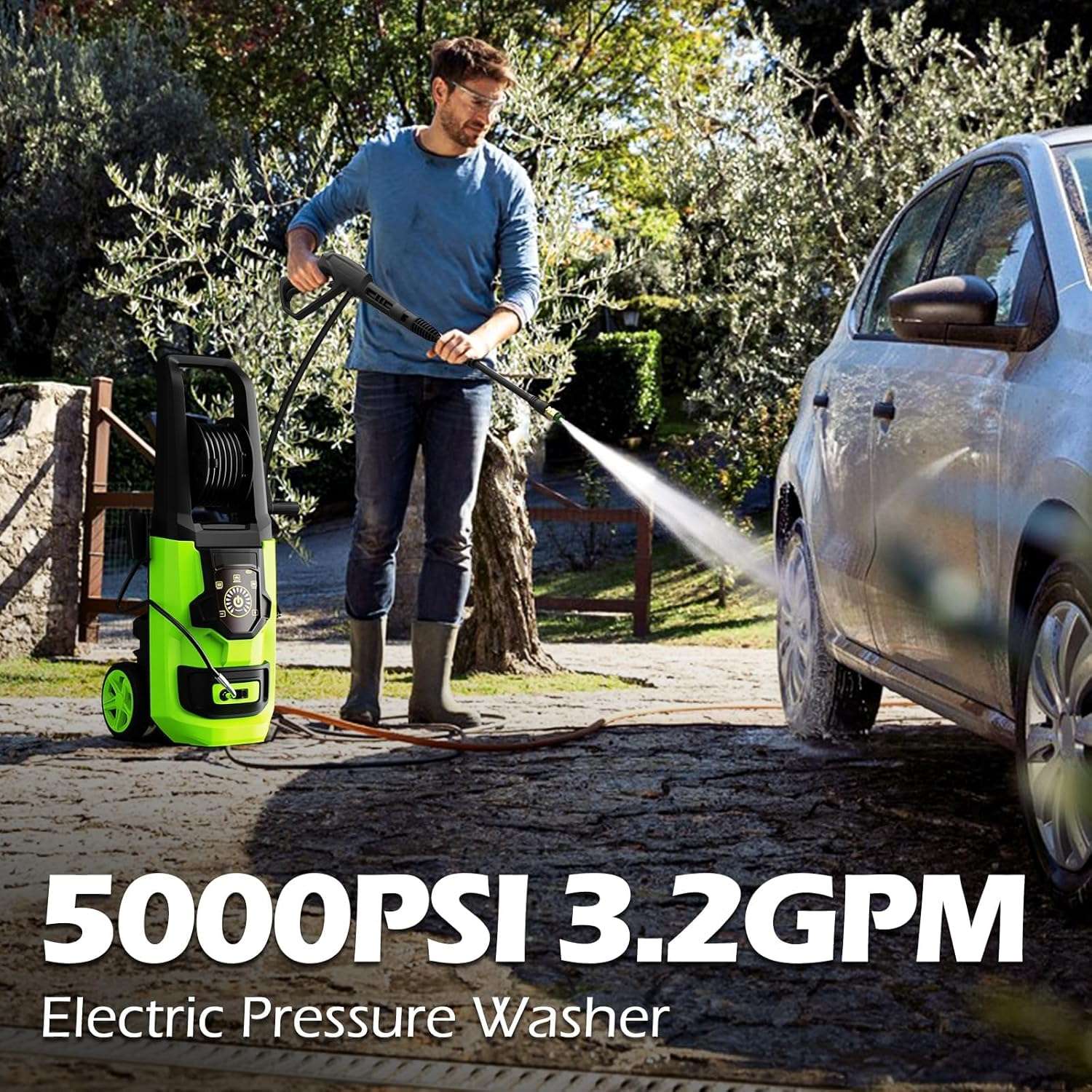 Pressure Washer, 5000PSI 3.2GPM Adjustable Touch Screen with 55FT Total Length Power Washer Electric Powered 4 Nozzles for Driveways Furniture or Cars 2000W, Green - 2