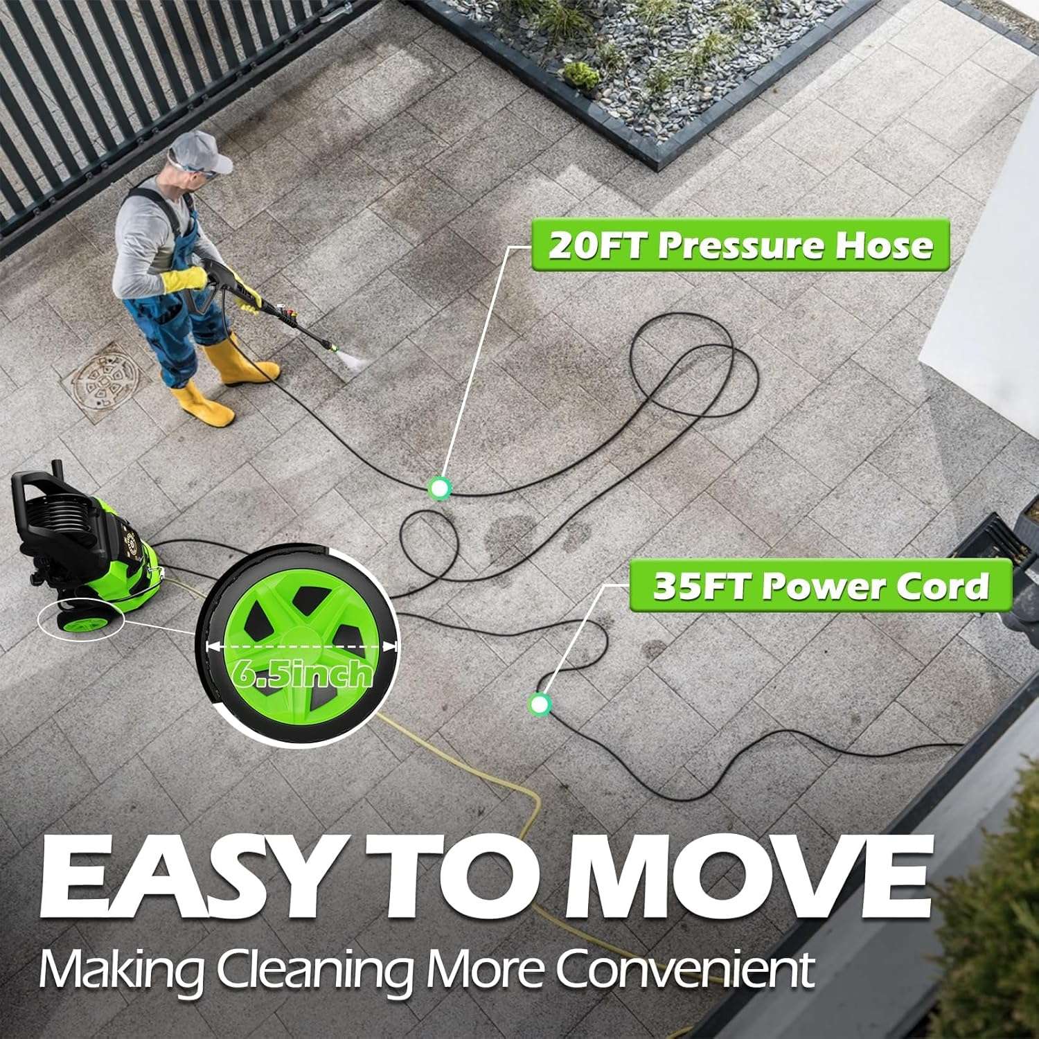 Pressure Washer, 5000PSI 3.2GPM Adjustable Touch Screen with 55FT Total Length Power Washer Electric Powered 4 Nozzles for Driveways Furniture or Cars 2000W, Green - 6