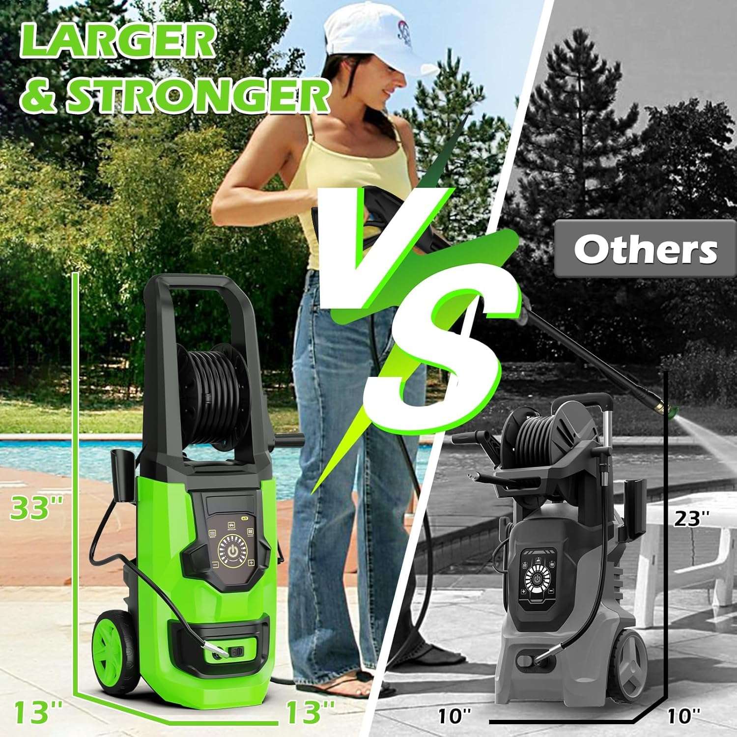 Pressure Washer, 5000PSI 3.2GPM Adjustable Touch Screen with 55FT Total Length Power Washer Electric Powered 4 Nozzles for Driveways Furniture or Cars 2000W, Green - 7