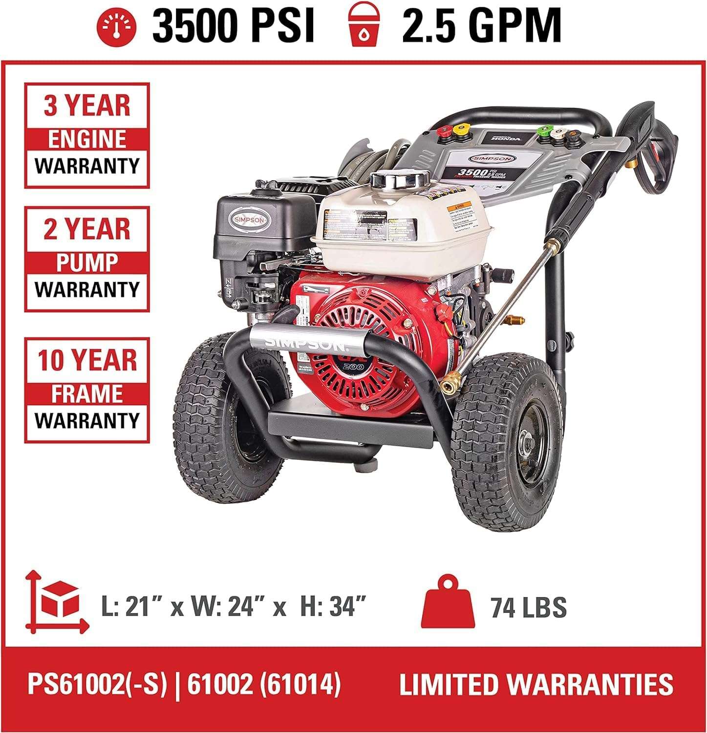 Simpson 61014 3500 PSI at 2.5 GPM Honda GX200 with AAA AX300 Axial Cam Pump Cold Water Professional Gas Pressure Washer PS61002-S - 3