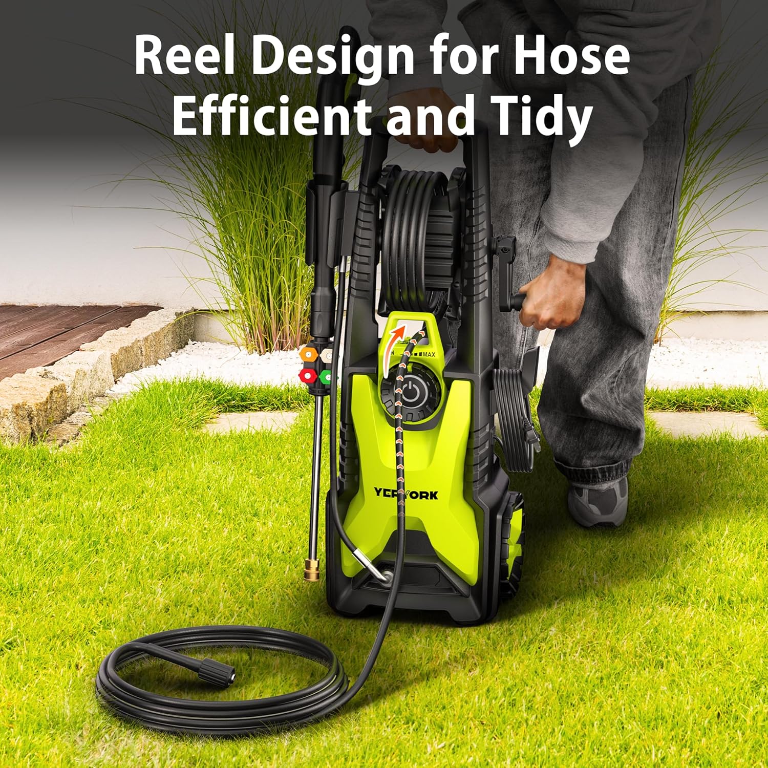 Adjustable 4000 Max PSI Pressure Washer, 2 Max GPM Power Washer with 33 FT Hose Reel, Steel Wand, 500ml Foam Cannon, 4-Nozzle Set, Electric Pressure Washer for Cars, Fences, Patios - 4