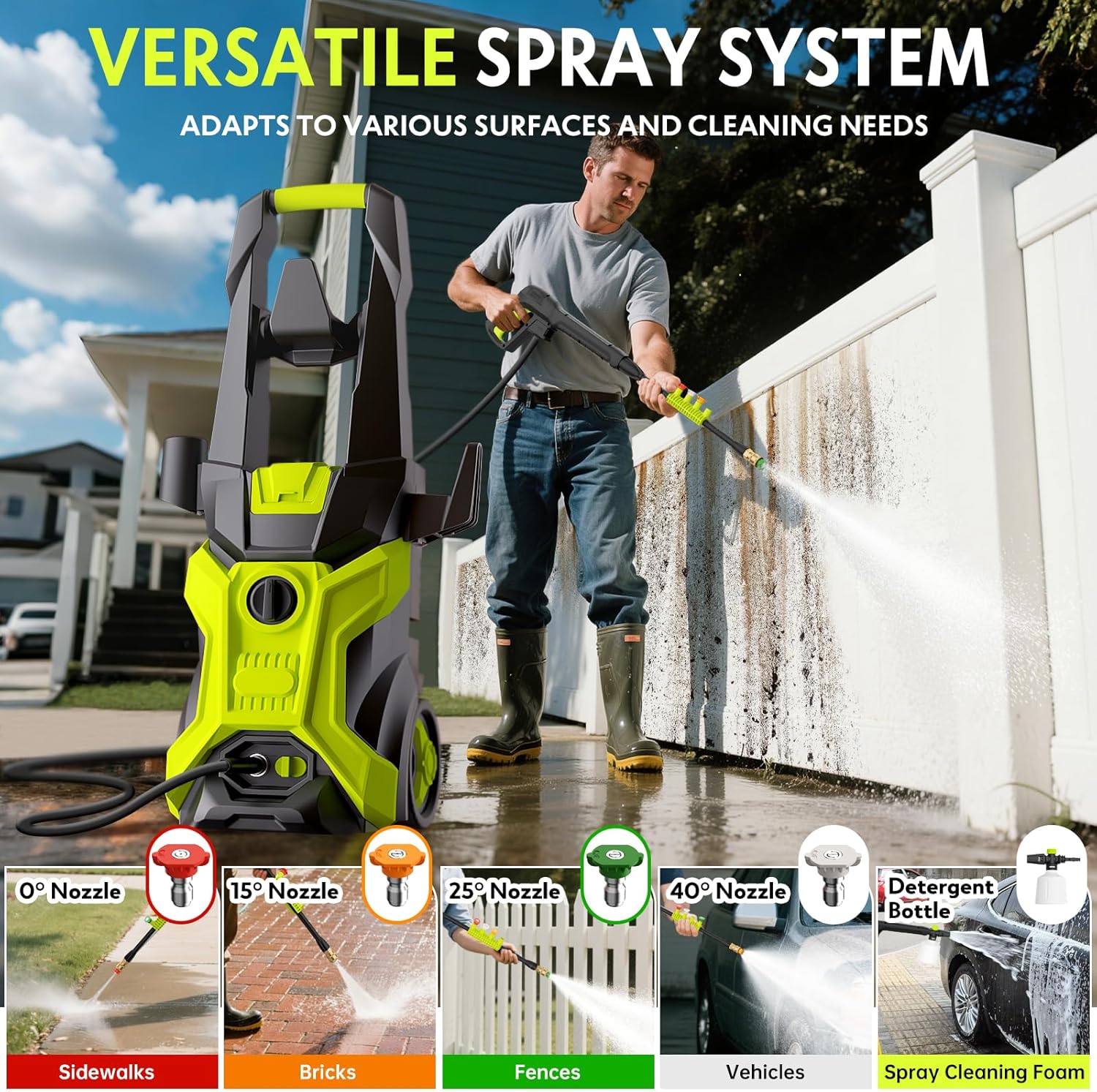 Power washers for Home, Home Cleaning, 4 Quick-Connect Nozzles & Adjustable Soap Tank Washers for Cars, Driveways, Patios, Fences - 3