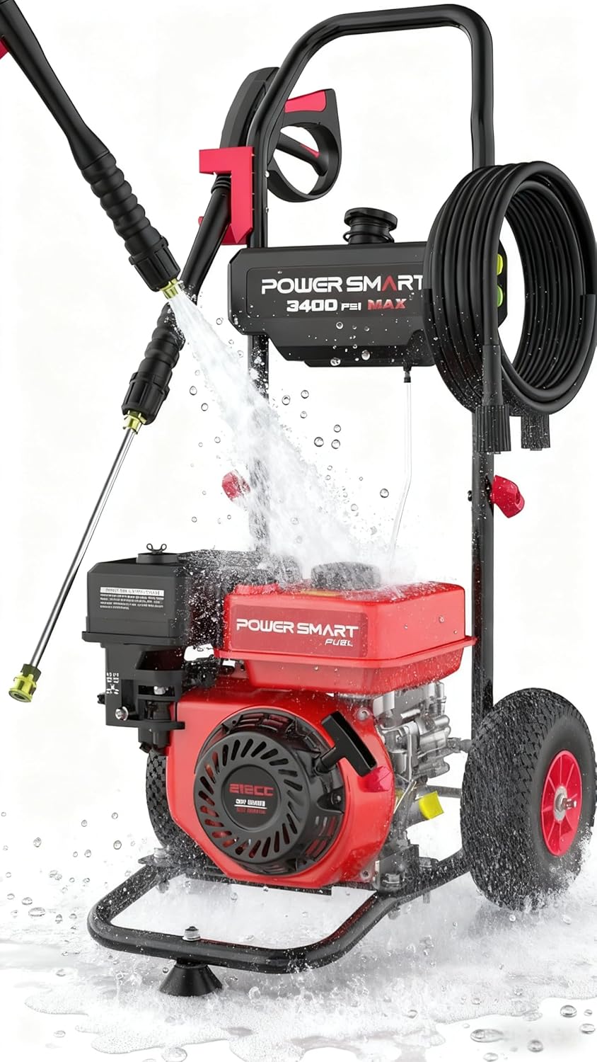 PowerSmart Gas Pressure Washer 3400 PSI, 2.5 GPM Gas Powered Pressure Washer, 212CC Engine, 10 Wheels, 5 Nozzles for Patio, Car, Driveway, Fence & Home Cleaning - 1