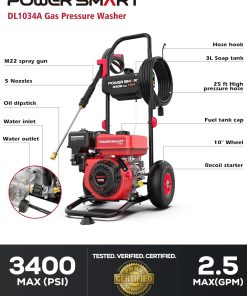 PowerSmart Gas Pressure Washer 3400 PSI, 2.5 GPM Gas Powered Pressure Washer, 212CC Engine, 10 Wheels, 5 Nozzles for Patio, Car, Driveway, Fence & Home Cleaning - 2