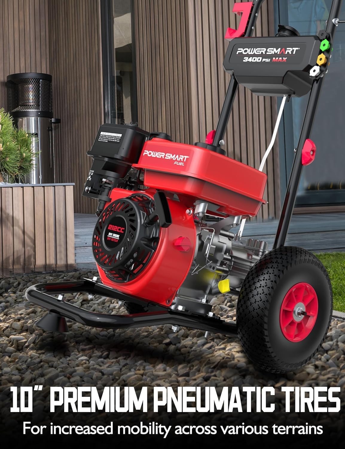 PowerSmart Gas Pressure Washer 3400 PSI, 2.5 GPM Gas Powered Pressure Washer, 212CC Engine, 10 Wheels, 5 Nozzles for Patio, Car, Driveway, Fence & Home Cleaning - 3