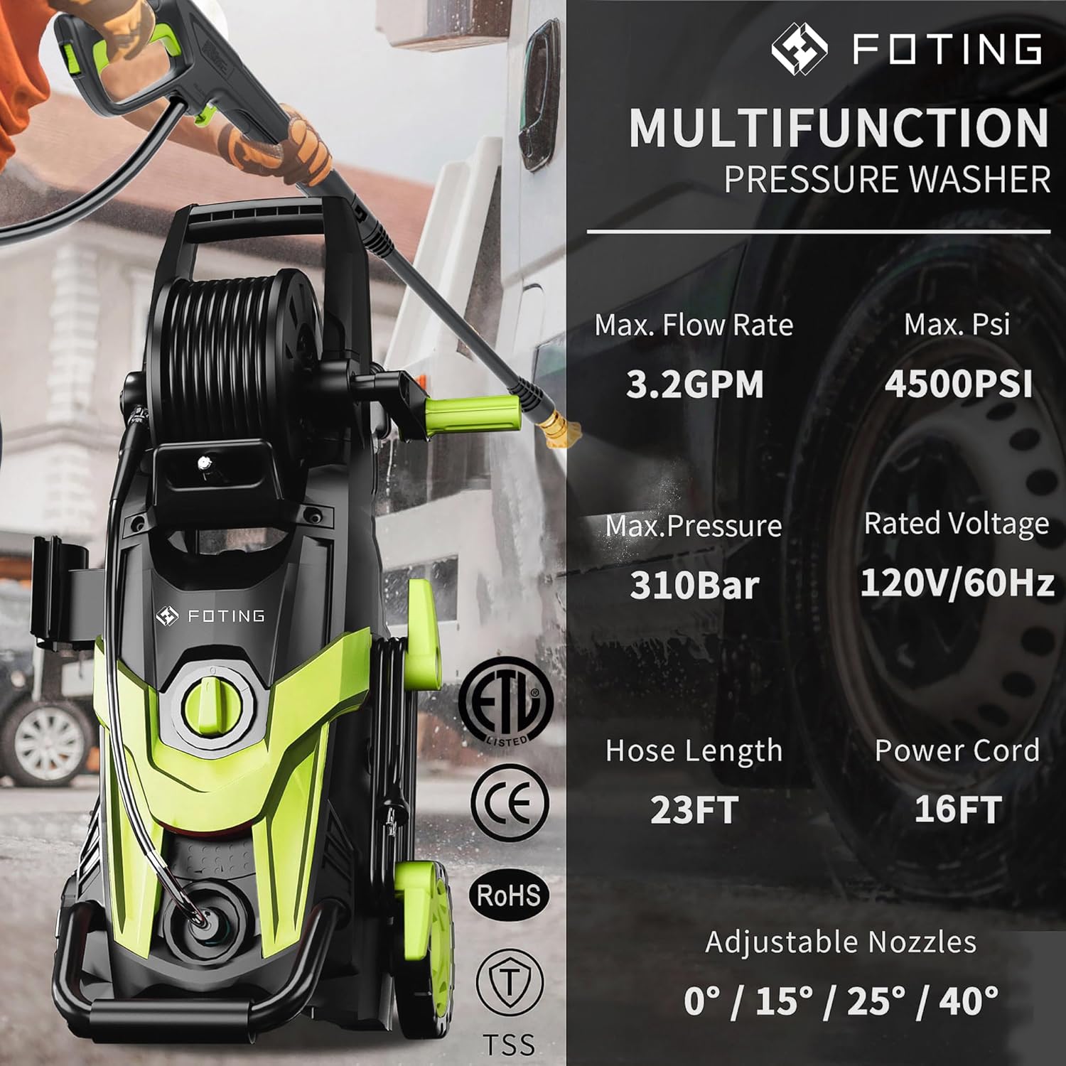 Pressure Power Washer 4500PSI with 4 Quick Connect Nozzles,Inlet Hose & Filter, Foam Cannon for Cars-Fences-Driveways-Patios-Home Cleaning - 2