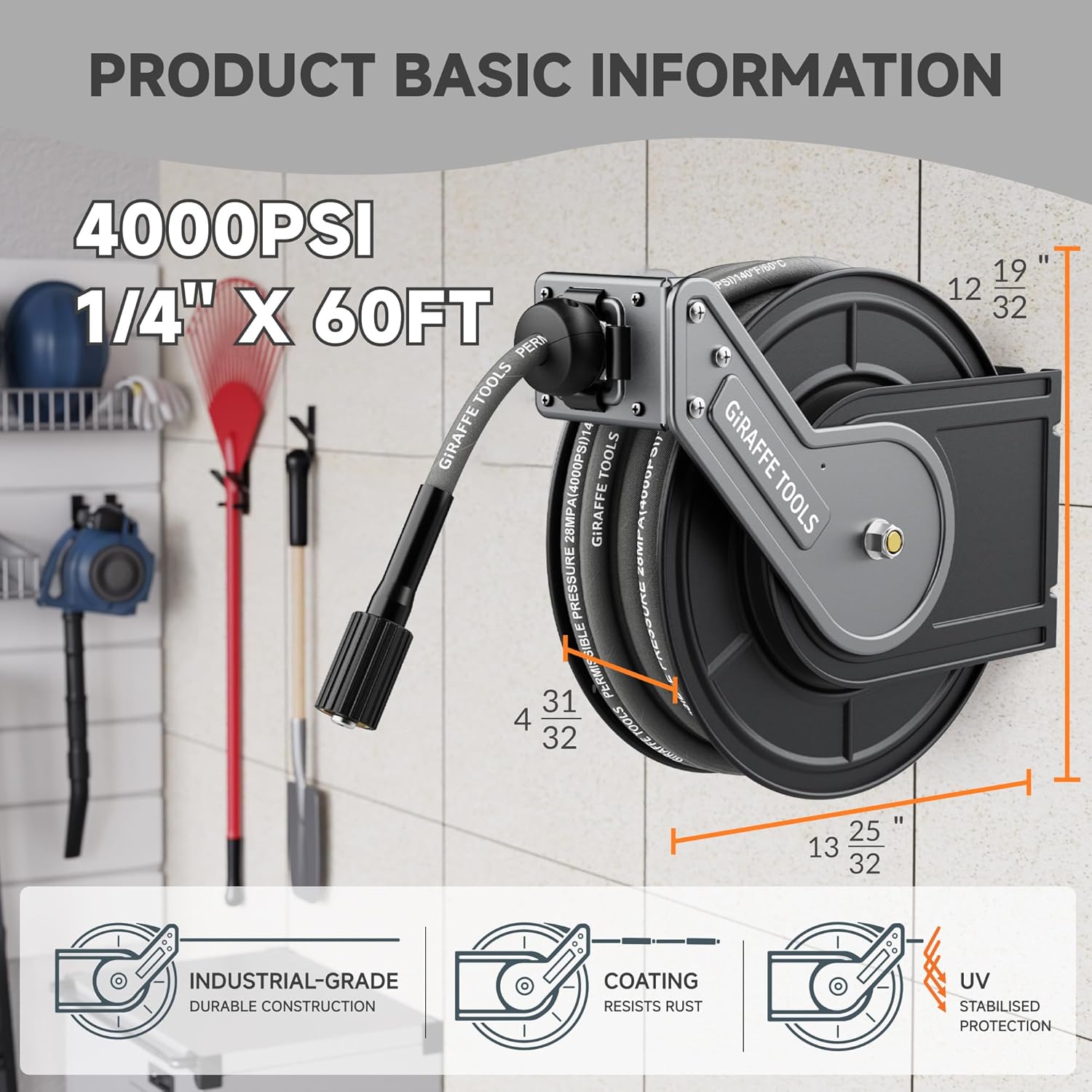 Giraffe Tools Pressure Washer Hose Reel, 1-4 × 60ft Auto Rewind Hose Reel, Wall-Floor Mounted with Adjustable Guide Arm, 4000 PSI - 2