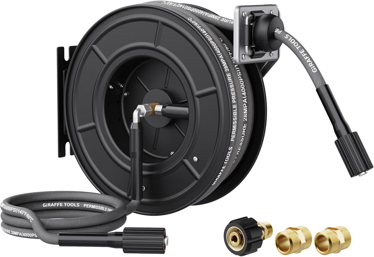 Giraffe Tools Pressure Washer Hose Reel 60ft, Power Washer Hose Reel, Pressure Washer Retractable Hose Reel, Heavy Duty, Wall-Floor Mounted, 4000 PSI, Dark Silver - 1