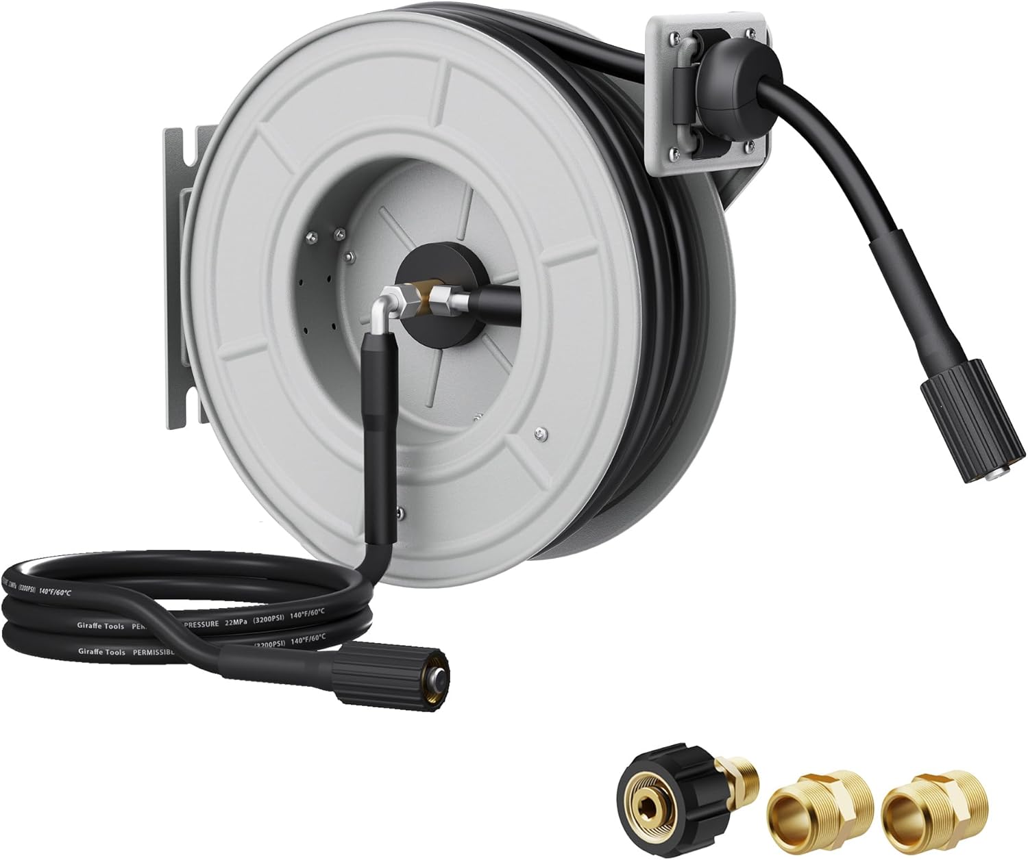 Giraffe Tools Pressure Washer Hose Reel 65ft, Retractable Power Washer Hose Reel, Heavy Duty, Wall-Floor Mounted, 3200 PSI, Silver - 1
