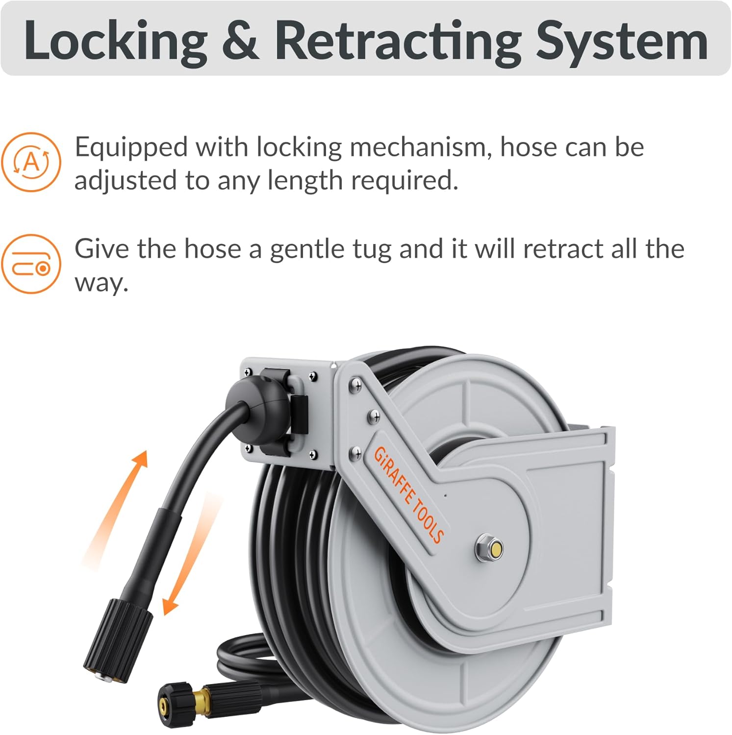 Giraffe Tools Pressure Washer Hose Reel 65ft, Retractable Power Washer Hose Reel, Heavy Duty, Wall-Floor Mounted, 3200 PSI, Silver - 2