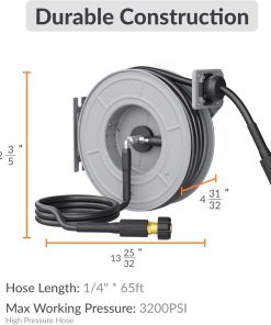 Giraffe Tools Pressure Washer Hose Reel 65ft, Retractable Power Washer Hose Reel, Heavy Duty, Wall-Floor Mounted, 3200 PSI, Silver - 3