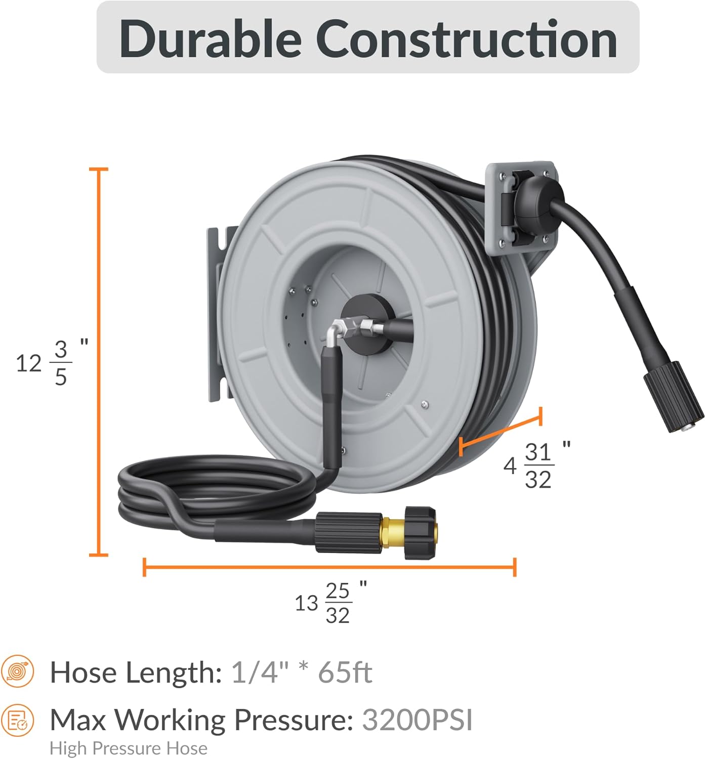 Giraffe Tools Pressure Washer Hose Reel 65ft, Retractable Power Washer Hose Reel, Heavy Duty, Wall-Floor Mounted, 3200 PSI, Silver - 3