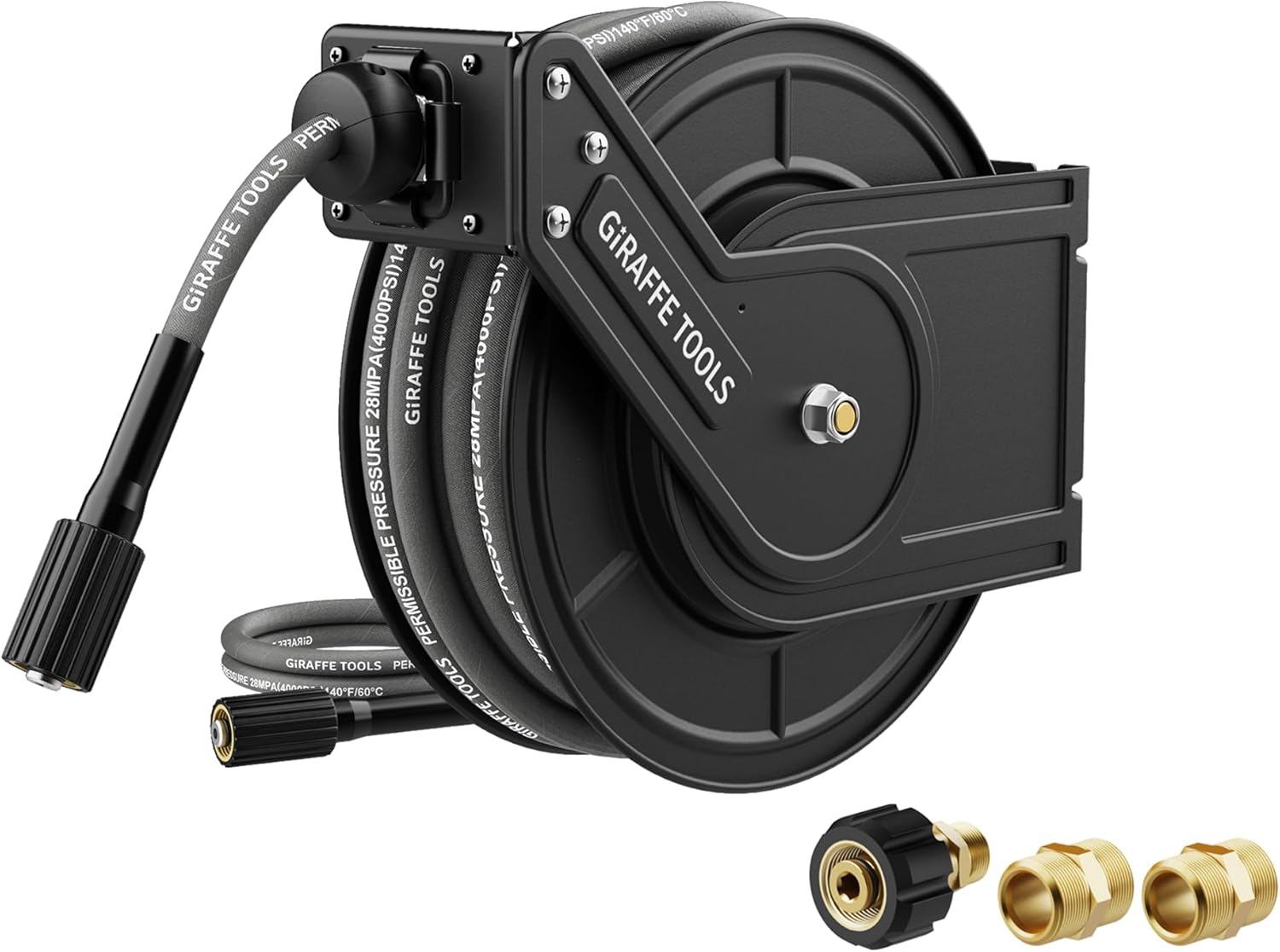 Giraffe Tools Pressure Washer Hose Reel with 60ft Replaceable Hose, Power Washer Retractable Hose Reel, Heavy Duty, Wall-Floor Mounted, 4000 PSI - 1