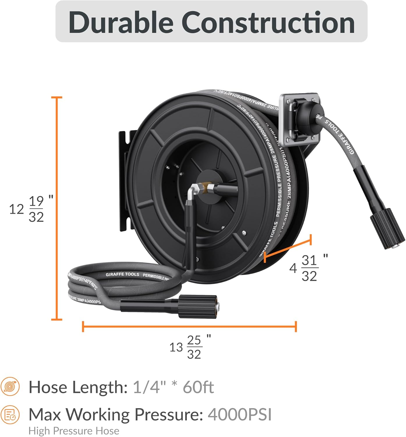 Giraffe Tools Pressure Washer Hose Reel with 60ft Replaceable Hose, Power Washer Retractable Hose Reel, Heavy Duty, Wall-Floor Mounted, 4000 PSI - 2