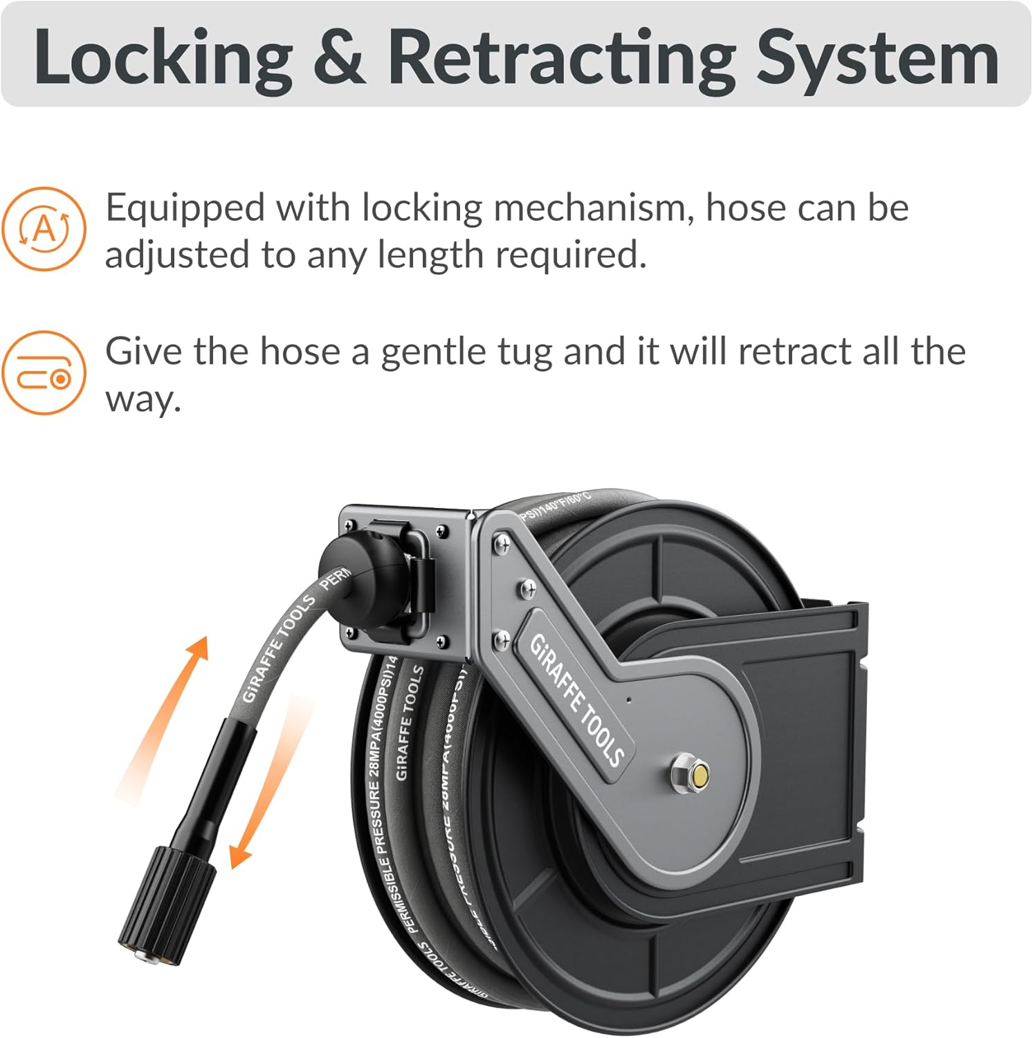 Giraffe Tools Pressure Washer Hose Reel with 60ft Replaceable Hose, Power Washer Retractable Hose Reel, Heavy Duty, Wall-Floor Mounted, 4000 PSI - 3