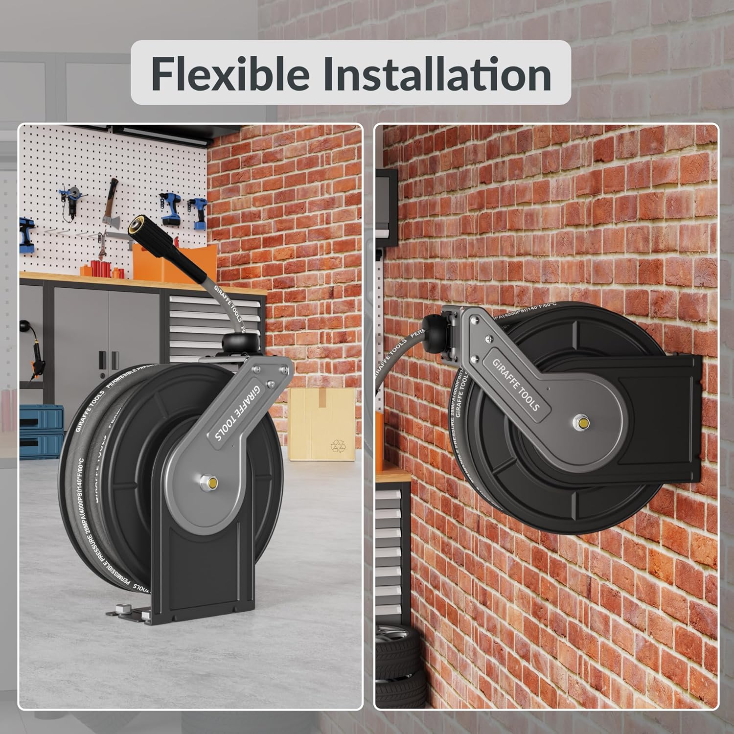 Giraffe Tools Pressure Washer Hose Reel with 60ft Replaceable Hose, Power Washer Retractable Hose Reel, Heavy Duty, Wall-Floor Mounted, 4000 PSI - 6