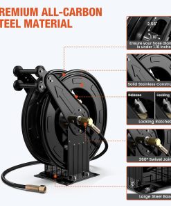 Pressure Washer Hose Reel, Double Arm 3-8 in x 50 ft Retractable Pressure Washer Reel, Auto Rewind Heavy Duty Steel Professional Power Wash Hose Reel with 5 ft Lead - 3
