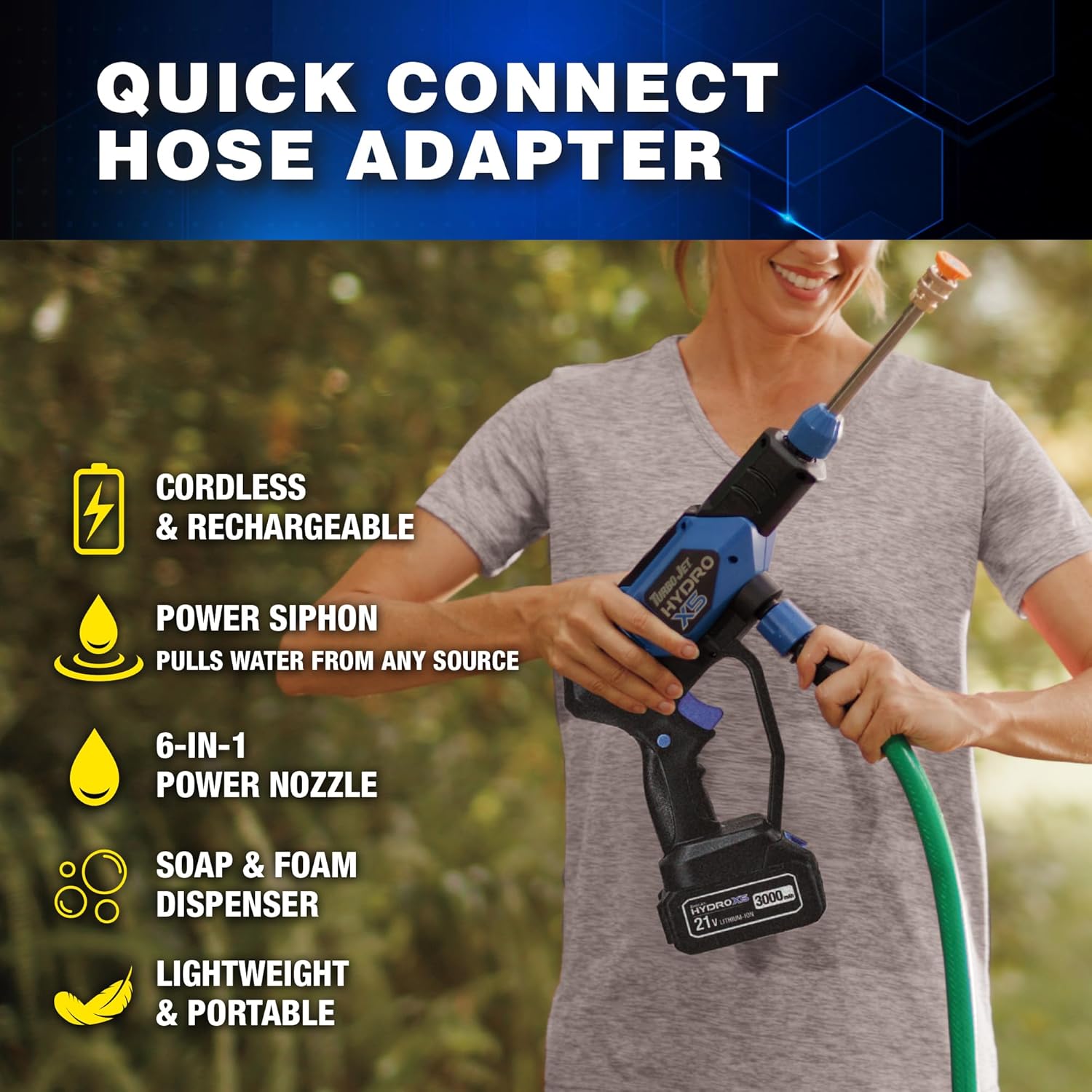 Ontel Turbo Jet HydroX5 Pro Portable Cordless Pressure Washer (21V 3000mAh Battery), 6-in-1 Nozzle, Dual Water Source, 16ft Detachable Hose - 5
