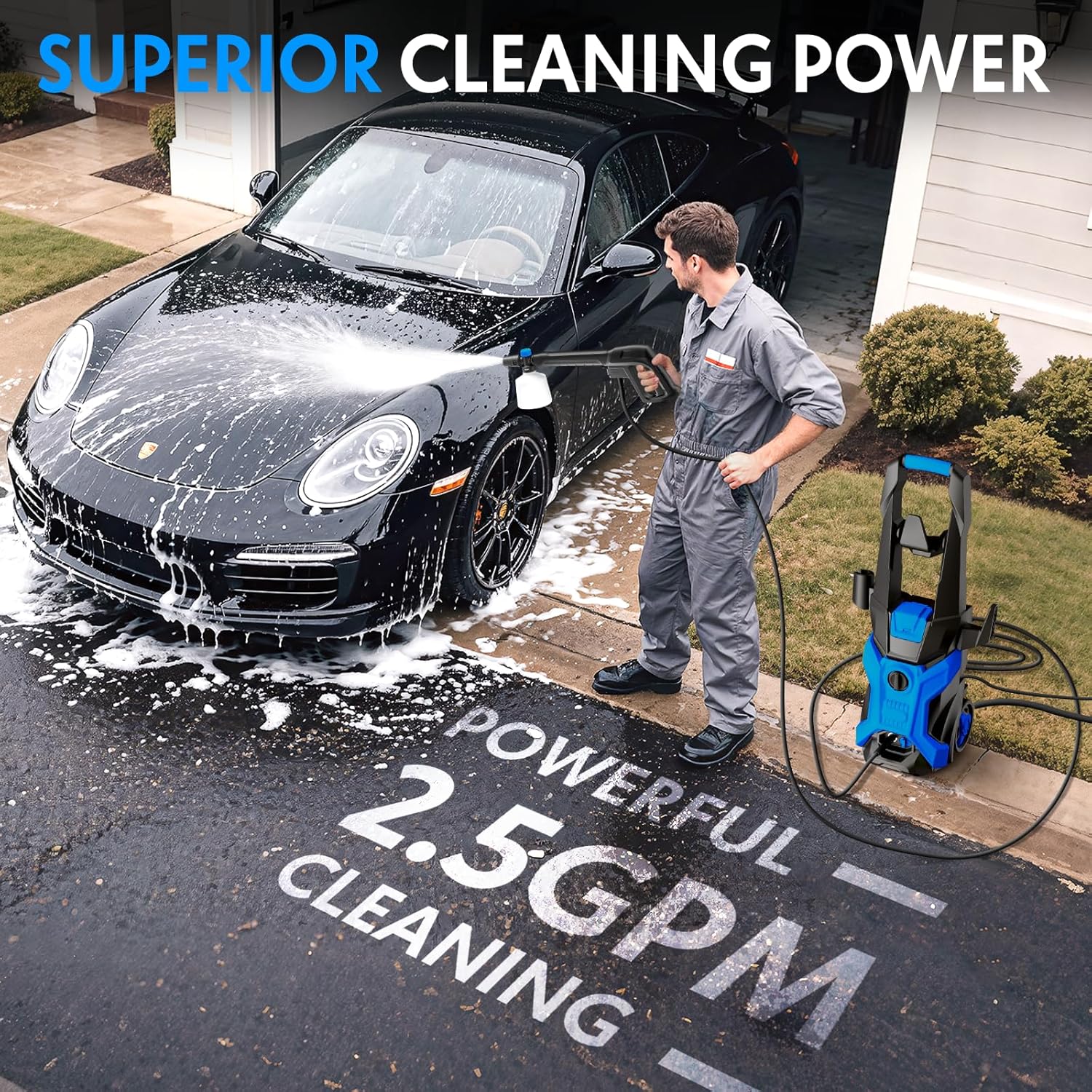 Power washers for Home, 4 Quick-Connect Nozzles & Adjustable Soap Tank Washers for Cars, Driveways, Patios, Fences, Home Cleaning (Blue) - 2