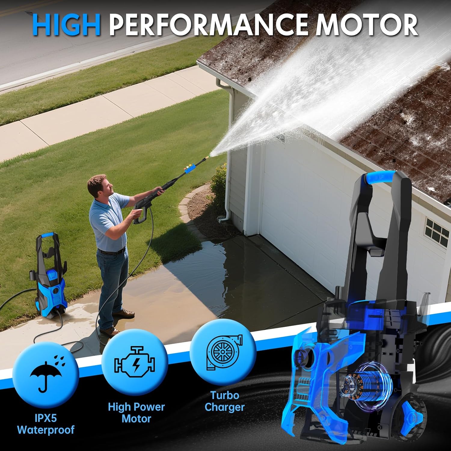Power washers for Home, 4 Quick-Connect Nozzles & Adjustable Soap Tank Washers for Cars, Driveways, Patios, Fences, Home Cleaning (Blue) - 5