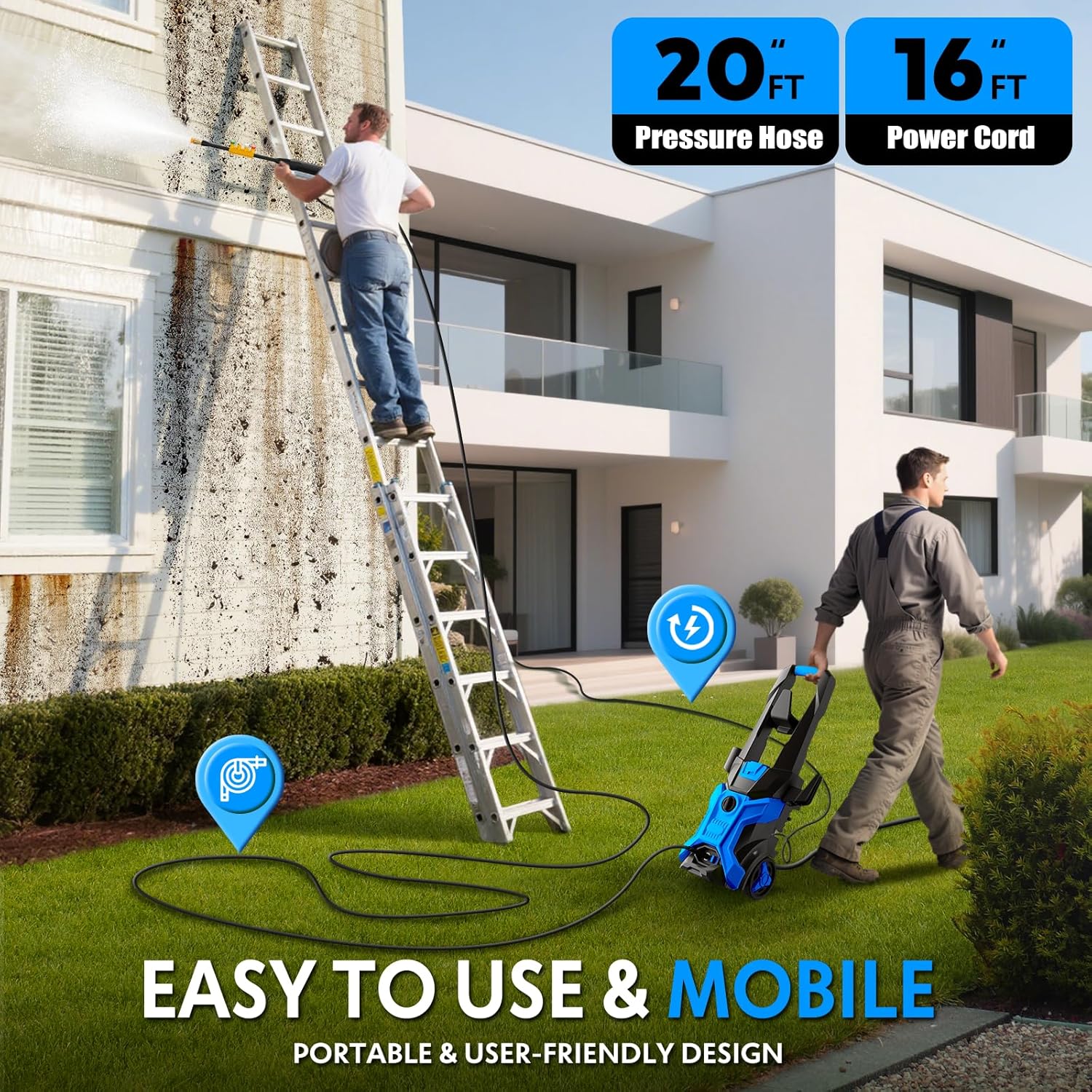Power washers for Home, 4 Quick-Connect Nozzles & Adjustable Soap Tank Washers for Cars, Driveways, Patios, Fences, Home Cleaning (Blue) - 7
