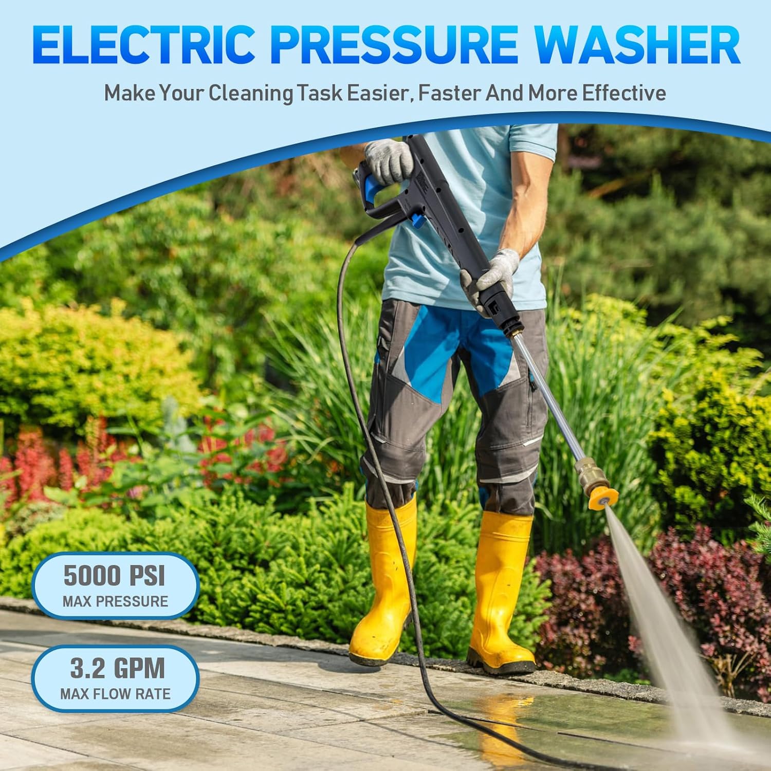 Pressure Washer Power Washers with Touch Screen, 5000PSIIMAX, High Pressure Cleaning Machine with 4 Quick Connect Nozzles and Foam Cannon for Cars Driveways Patios Fences, Blue - 6