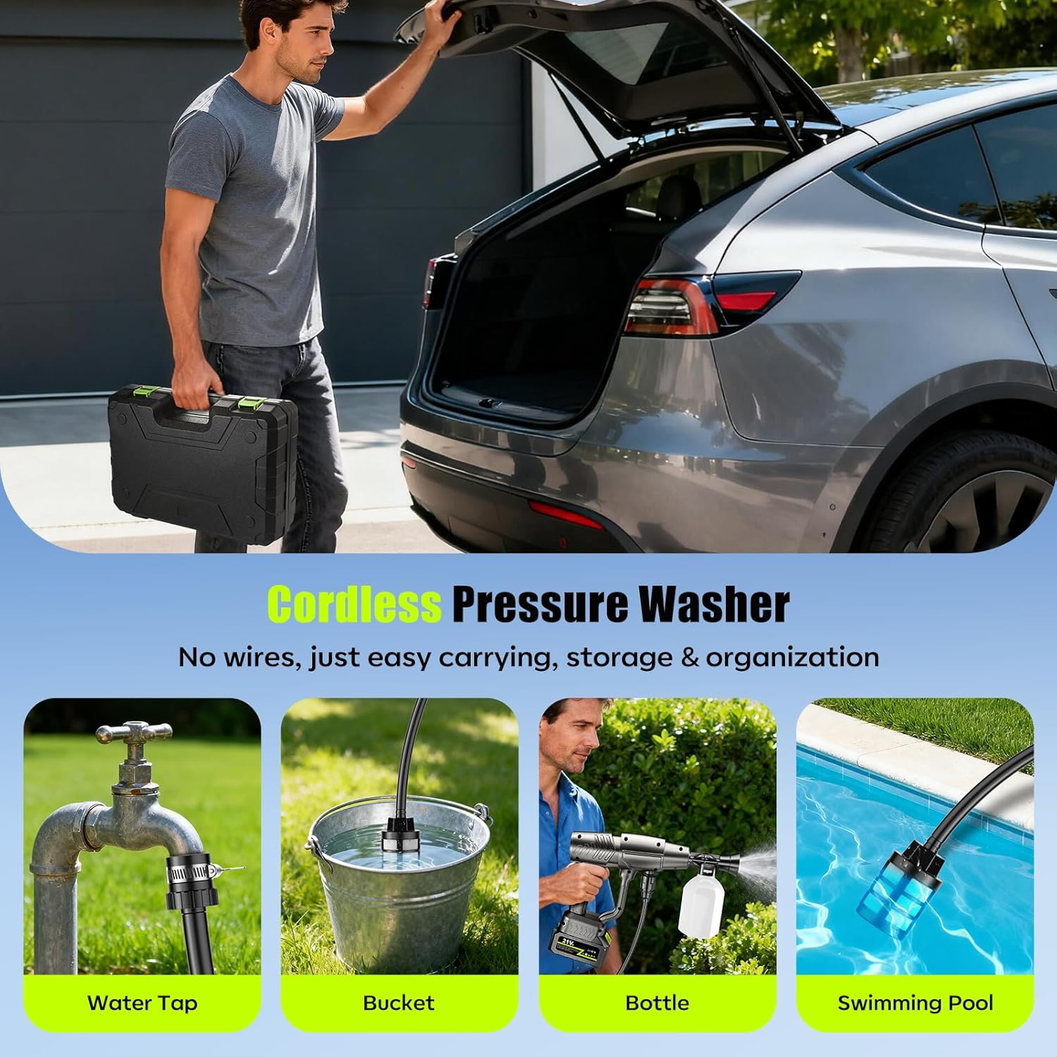 YKYI Cordless Pressure Washer Battery Powered,30 Speed Level,1200 PSI Portable Power Washer with 6-in-1 Nozzle,24FT High-Elastic Hose,Handheld Pressure Washer for Car,Garden Cleaning - 6