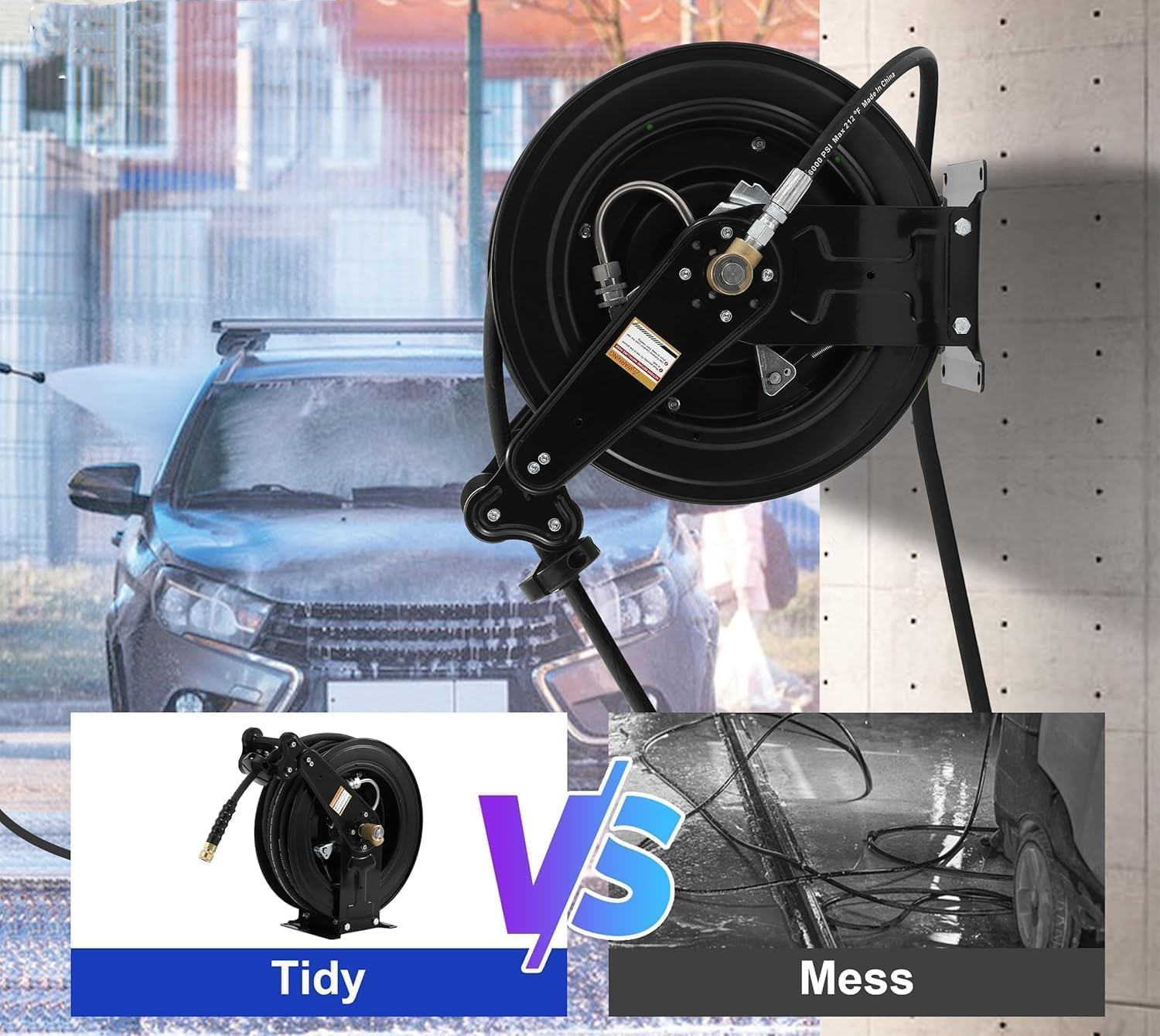 50FT x 3-8 Retractable Pressure Washer Hose Reel, Heavy Duty Steel Professional Power Wash Hose Reel with 5 ft Lead ，4000 PSI, for Oil-Air-Water - 5