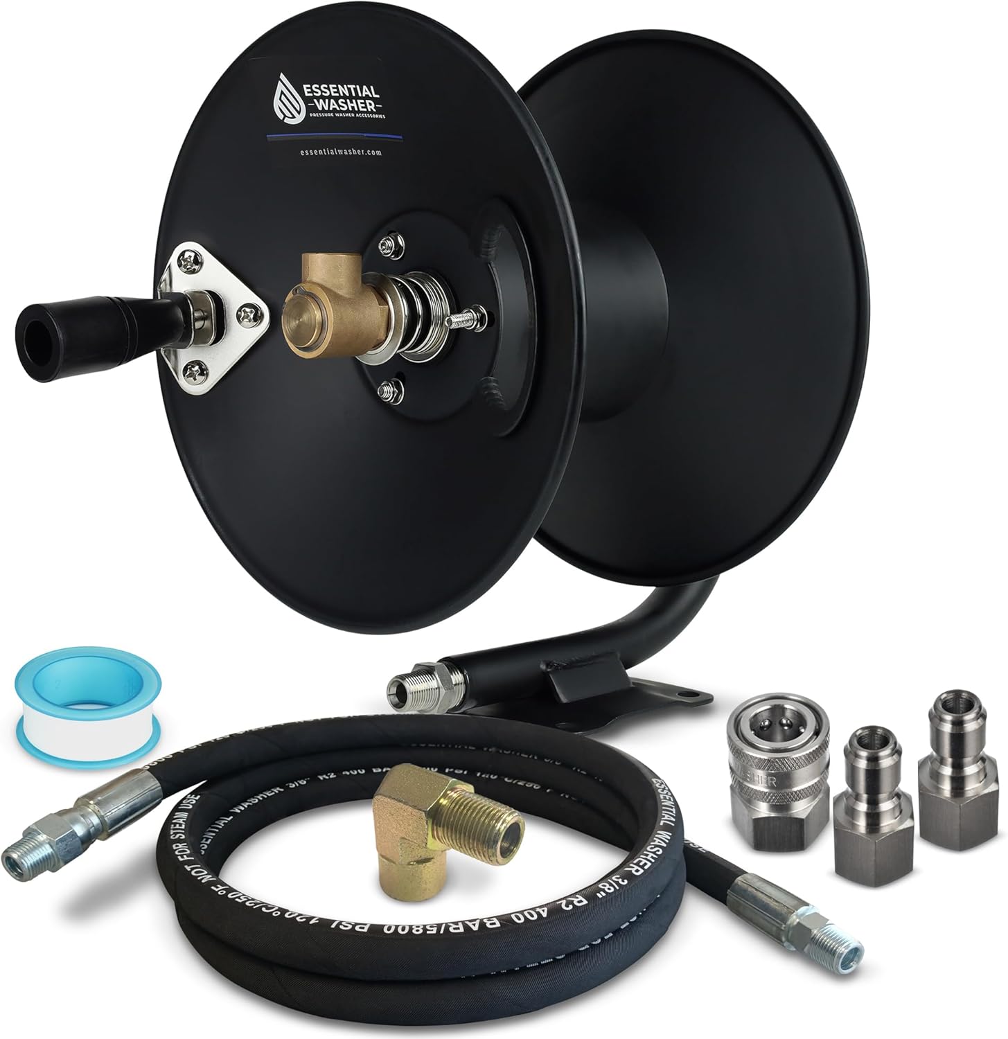 ESSENTIAL WASHER Pressure Washer Hose Reel 50 FT Kit - 4000 PSI Power Washer Hose Reel - Made For 3-8 Hose - Comes With Additional Accessories - 1