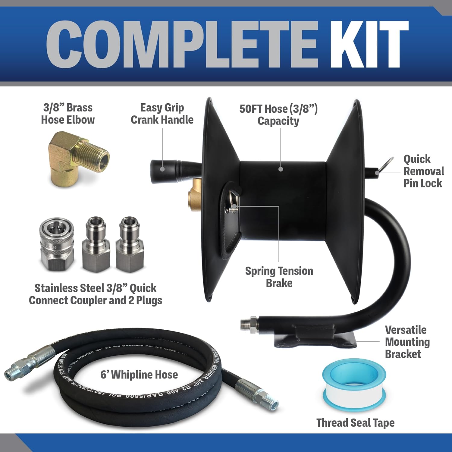 ESSENTIAL WASHER Pressure Washer Hose Reel 50 FT Kit - 4000 PSI Power Washer Hose Reel - Made For 3-8 Hose - Comes With Additional Accessories - 2