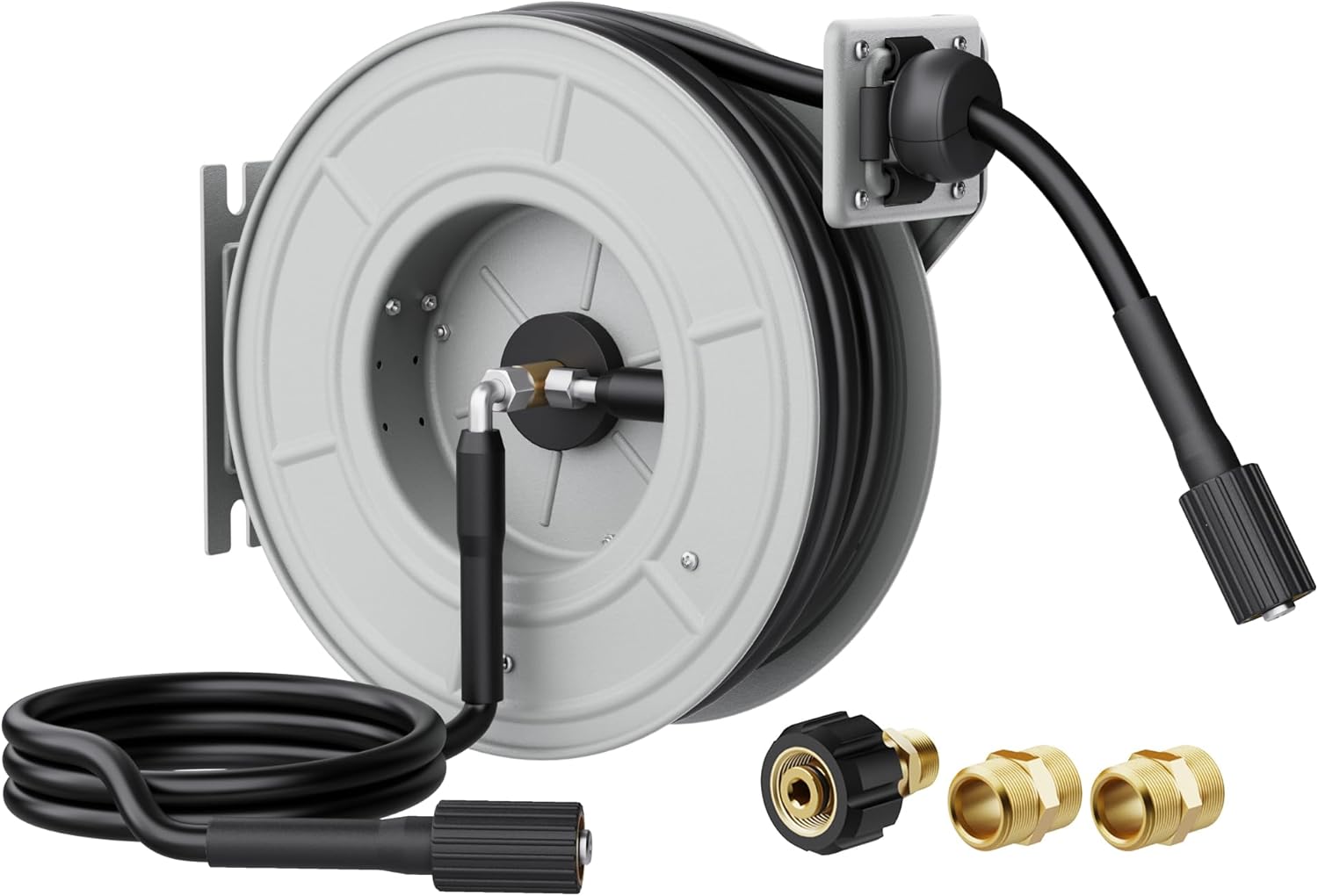 Giraffe Tools Pressure Washer Hose Reel 65ft, 3200 PSI Power Washer Hose Reel, Pressure Washer Retractable Hose Reel, Heavy Duty, Wall-Floor Mounted, Silver - 1