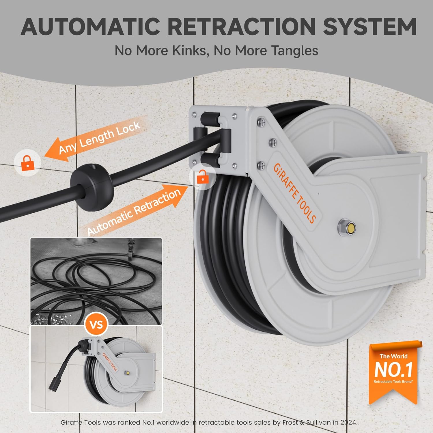 Giraffe Tools Pressure Washer Hose Reel 65ft, 3200 PSI Power Washer Hose Reel, Pressure Washer Retractable Hose Reel, Heavy Duty, Wall-Floor Mounted, Silver - 2