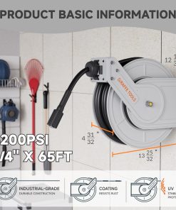 Giraffe Tools Pressure Washer Hose Reel 65ft, 3200 PSI Power Washer Hose Reel, Pressure Washer Retractable Hose Reel, Heavy Duty, Wall-Floor Mounted, Silver - 3