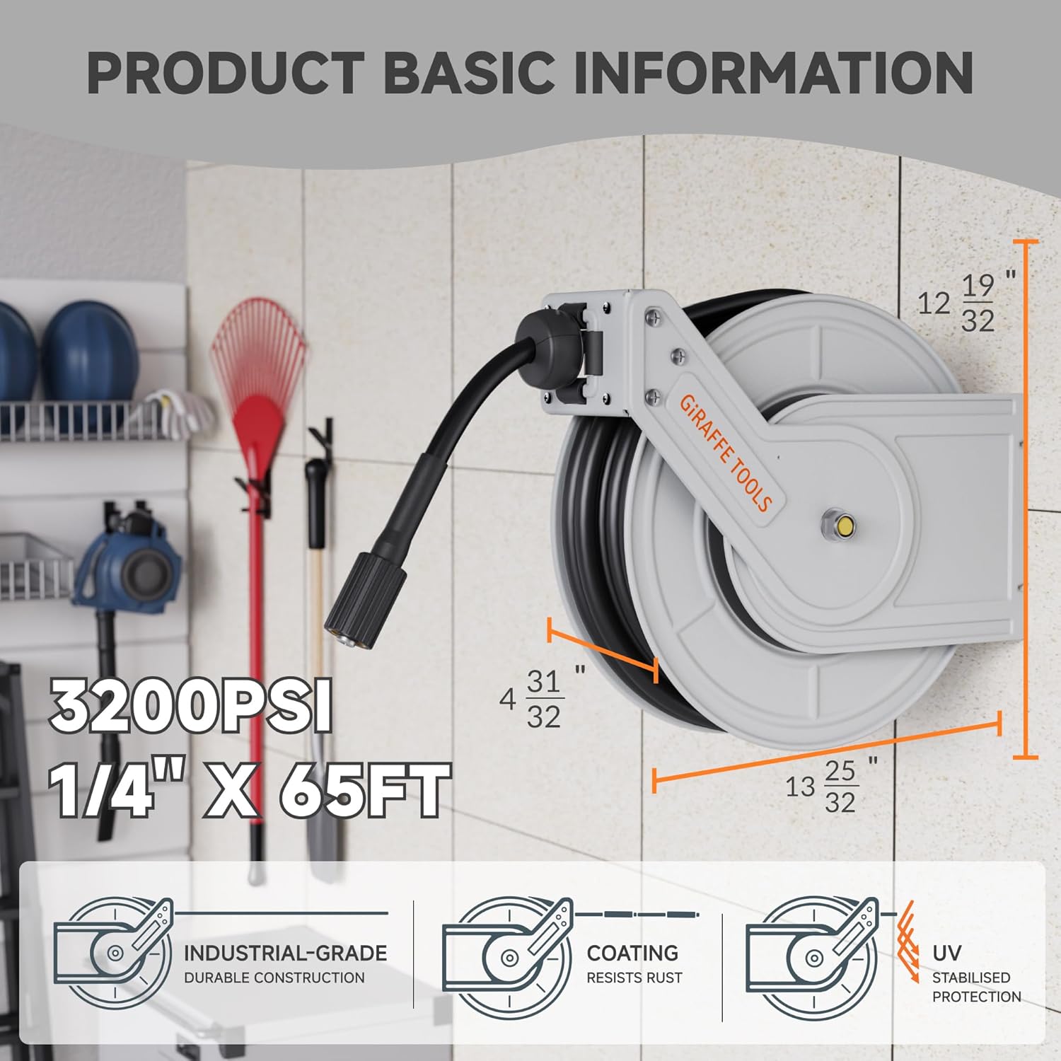 Giraffe Tools Pressure Washer Hose Reel 65ft, 3200 PSI Power Washer Hose Reel, Pressure Washer Retractable Hose Reel, Heavy Duty, Wall-Floor Mounted, Silver - 3