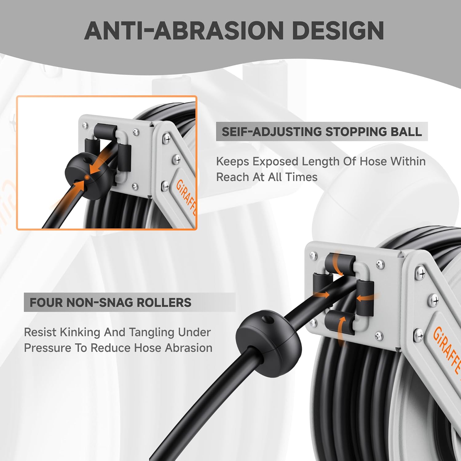 Giraffe Tools Pressure Washer Hose Reel 65ft, 3200 PSI Power Washer Hose Reel, Pressure Washer Retractable Hose Reel, Heavy Duty, Wall-Floor Mounted, Silver - 4
