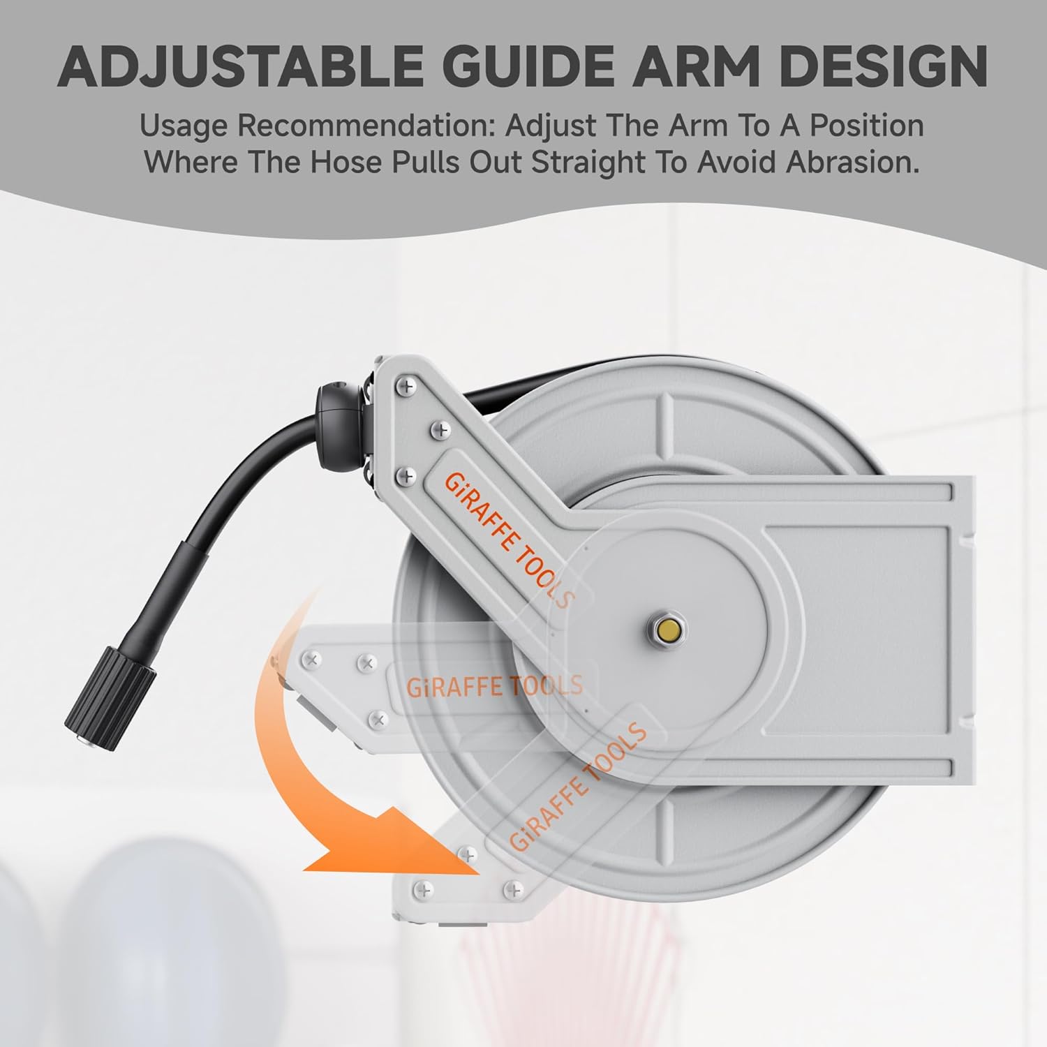 Giraffe Tools Pressure Washer Hose Reel 65ft, 3200 PSI Power Washer Hose Reel, Pressure Washer Retractable Hose Reel, Heavy Duty, Wall-Floor Mounted, Silver - 5