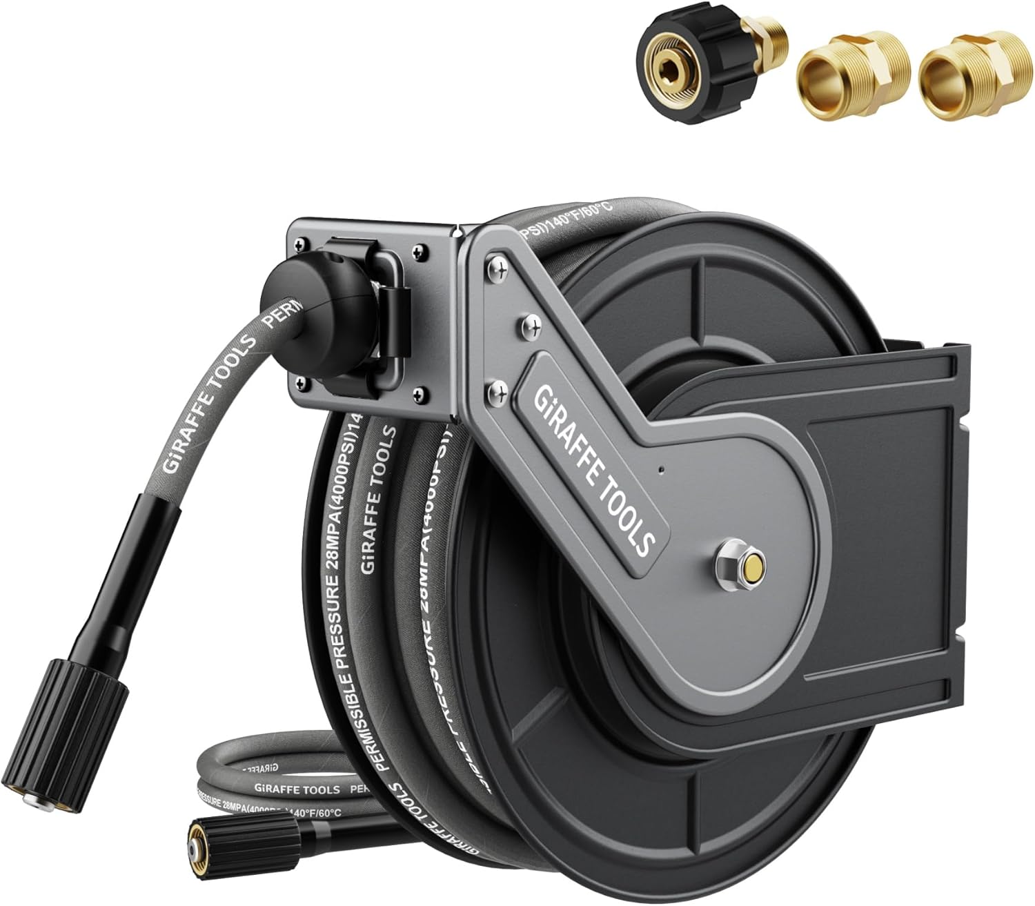 Giraffe Tools Pressure Washer Hose Reel with Replaceable Hose, 1-4 x 60ft Retractable Power Washer Hose Reel, Wall Mounted, Automatic Rewind, 4000 PSI - 1