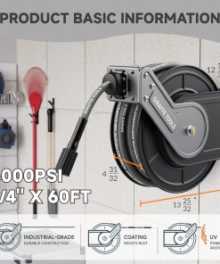 Giraffe Tools Pressure Washer Hose Reel with Replaceable Hose, 1-4 x 60ft Retractable Power Washer Hose Reel, Wall Mounted, Automatic Rewind, 4000 PSI - 2