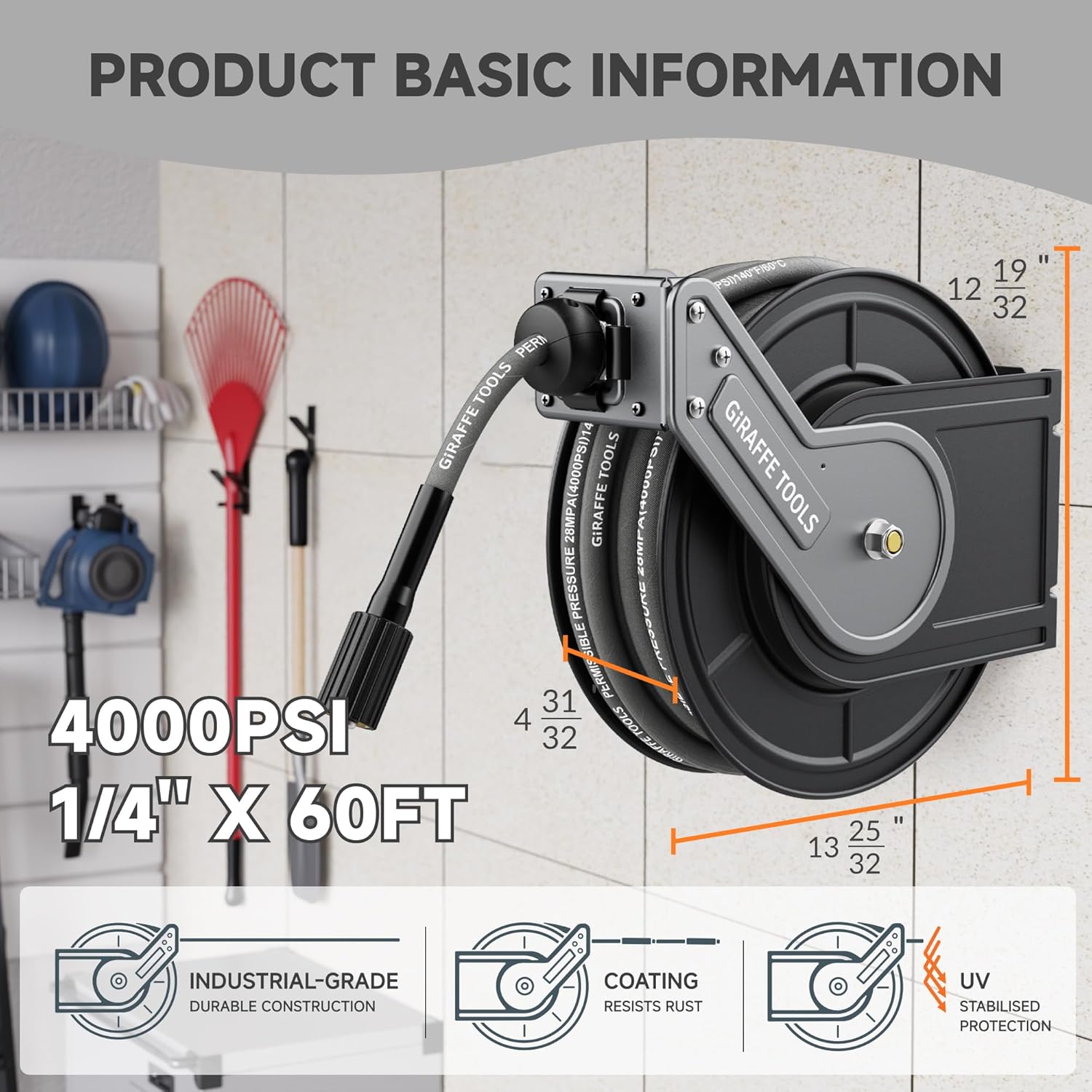 Giraffe Tools Pressure Washer Hose Reel with Replaceable Hose, 1-4 x 60ft Retractable Power Washer Hose Reel, Wall Mounted, Automatic Rewind, 4000 PSI - 2