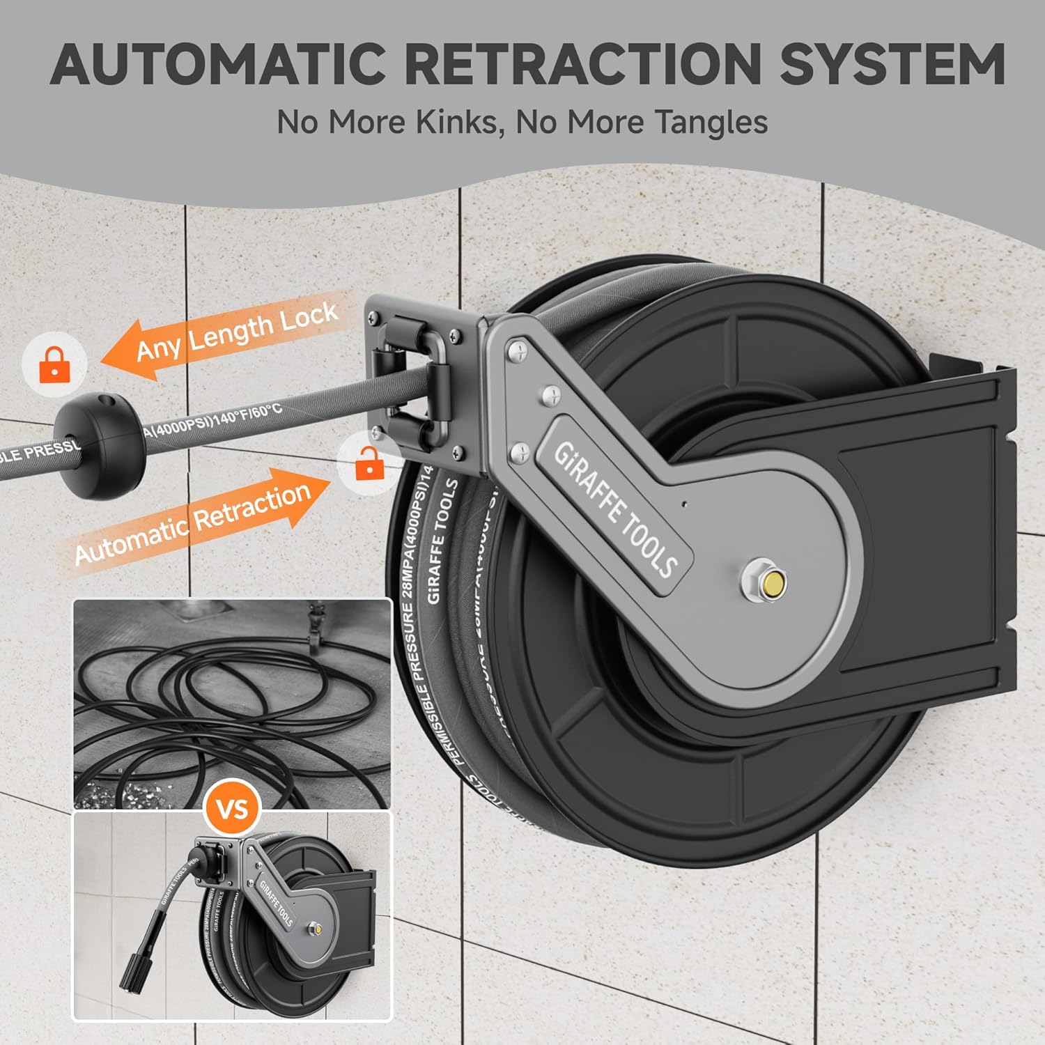 Giraffe Tools Pressure Washer Hose Reel with Replaceable Hose, 1-4 x 60ft Retractable Power Washer Hose Reel, Wall Mounted, Automatic Rewind, 4000 PSI - 3