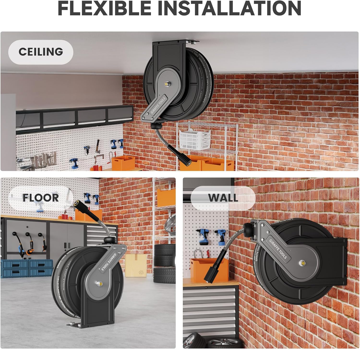 Giraffe Tools Pressure Washer Hose Reel with Replaceable Hose, 1-4 x 60ft Retractable Power Washer Hose Reel, Wall Mounted, Automatic Rewind, 4000 PSI - 7