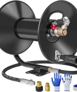 MEKOH Pressure Washer Hose Reel 100 ft x 3-8 or 130 ft x 1-4, 4000PSI Heavy Duty Power Washer Hose Reel with M22-14 Fitting, Hand Crank Metal Reel with Wall-Trailer-Van Mount - 1