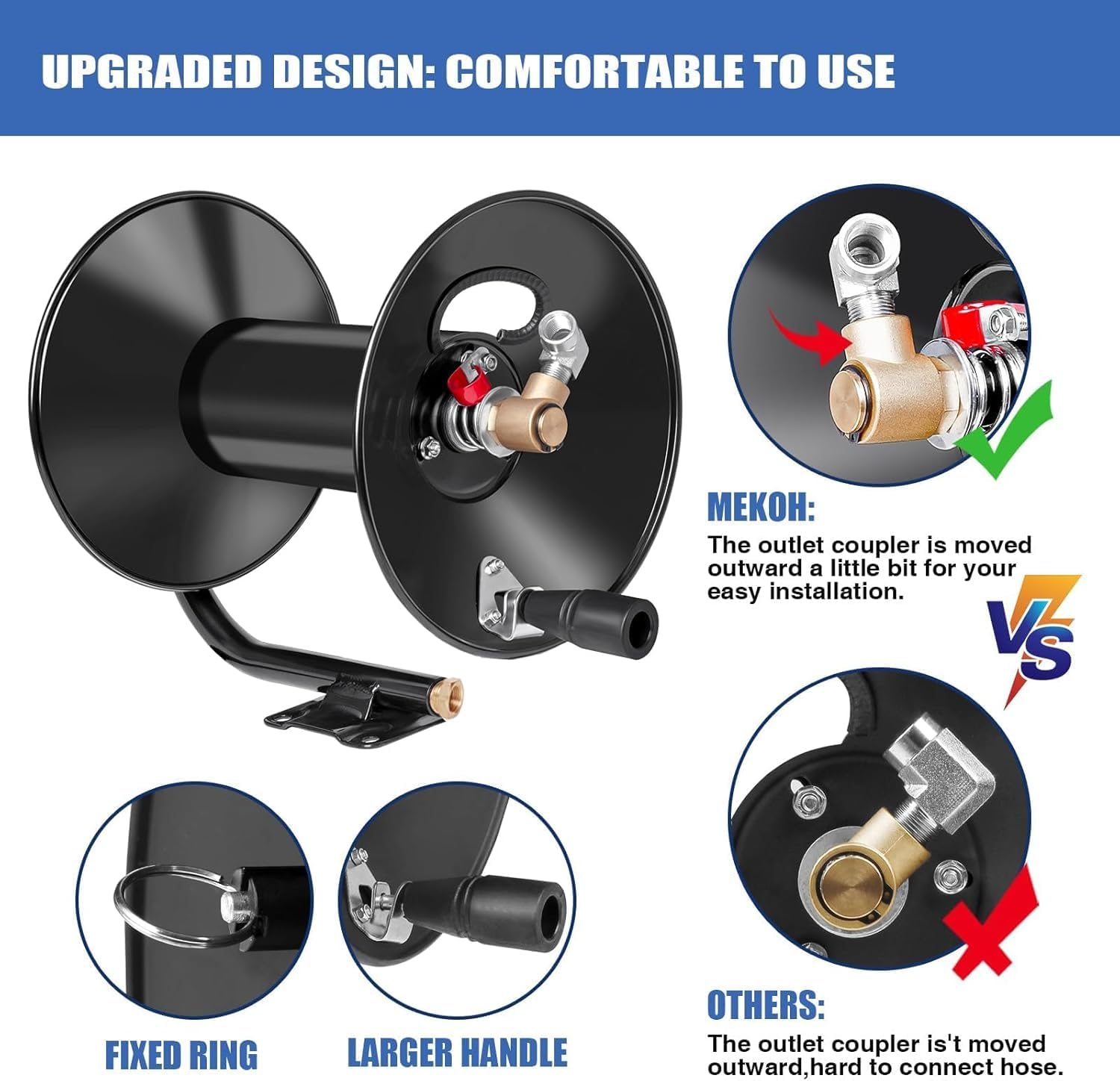 MEKOH Pressure Washer Hose Reel 100 ft x 3-8 or 130 ft x 1-4, 4000PSI Heavy Duty Power Washer Hose Reel with M22-14 Fitting, Hand Crank Metal Reel with Wall-Trailer-Van Mount - 3