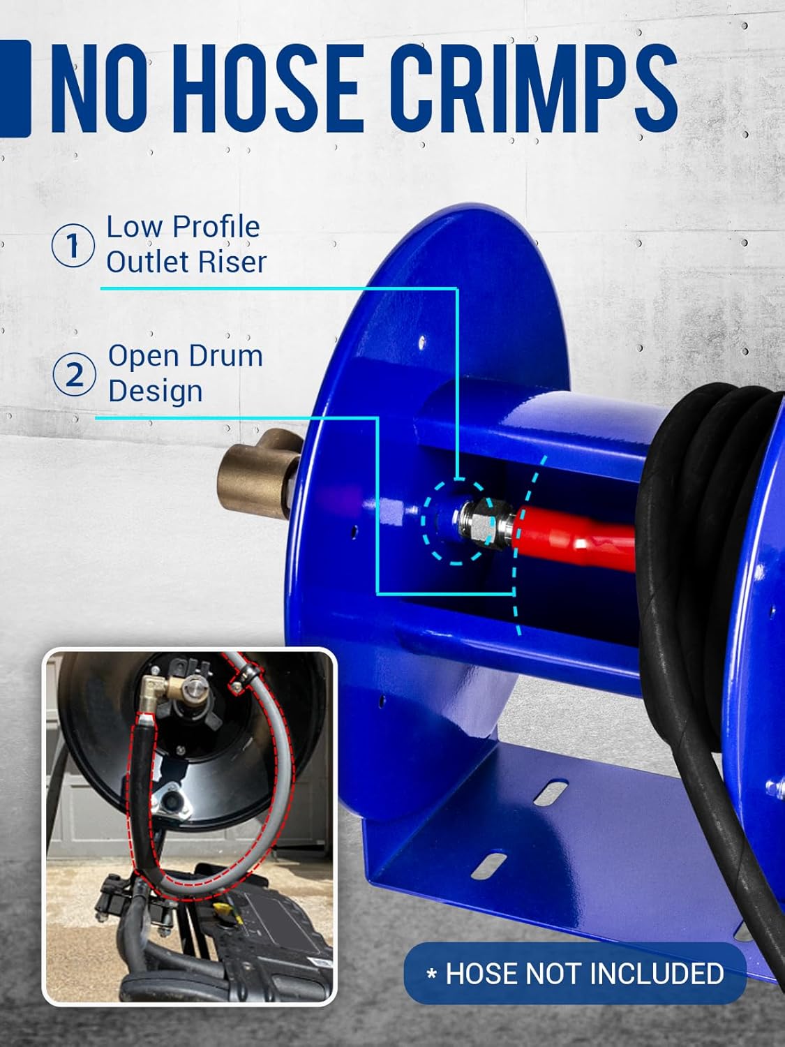 MEKOH Pressure Washer Hose Reel 150FTx3-8, 300FTx1-4 Manual Power Washer Hose Reel with M22 14mm Fitting,4500PSI Heavy Duty Hose Reel for Water - 3